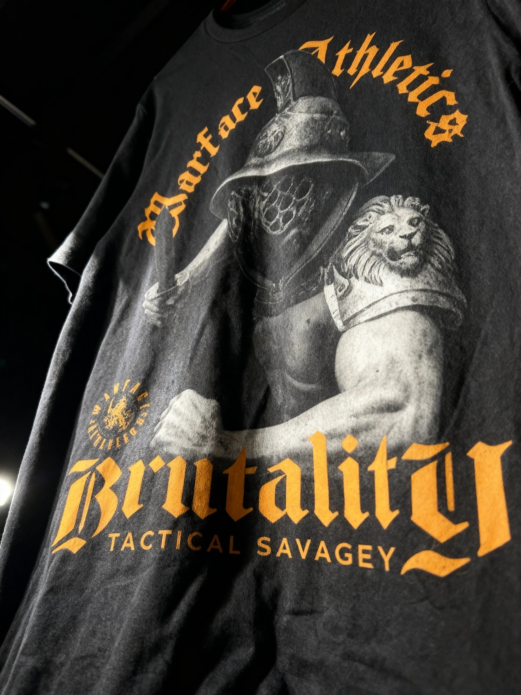 Brutality Gladiator T-Shirt Display — Men's Roman Gladiator T-Shirt with Warrior Print by Warface Athletics