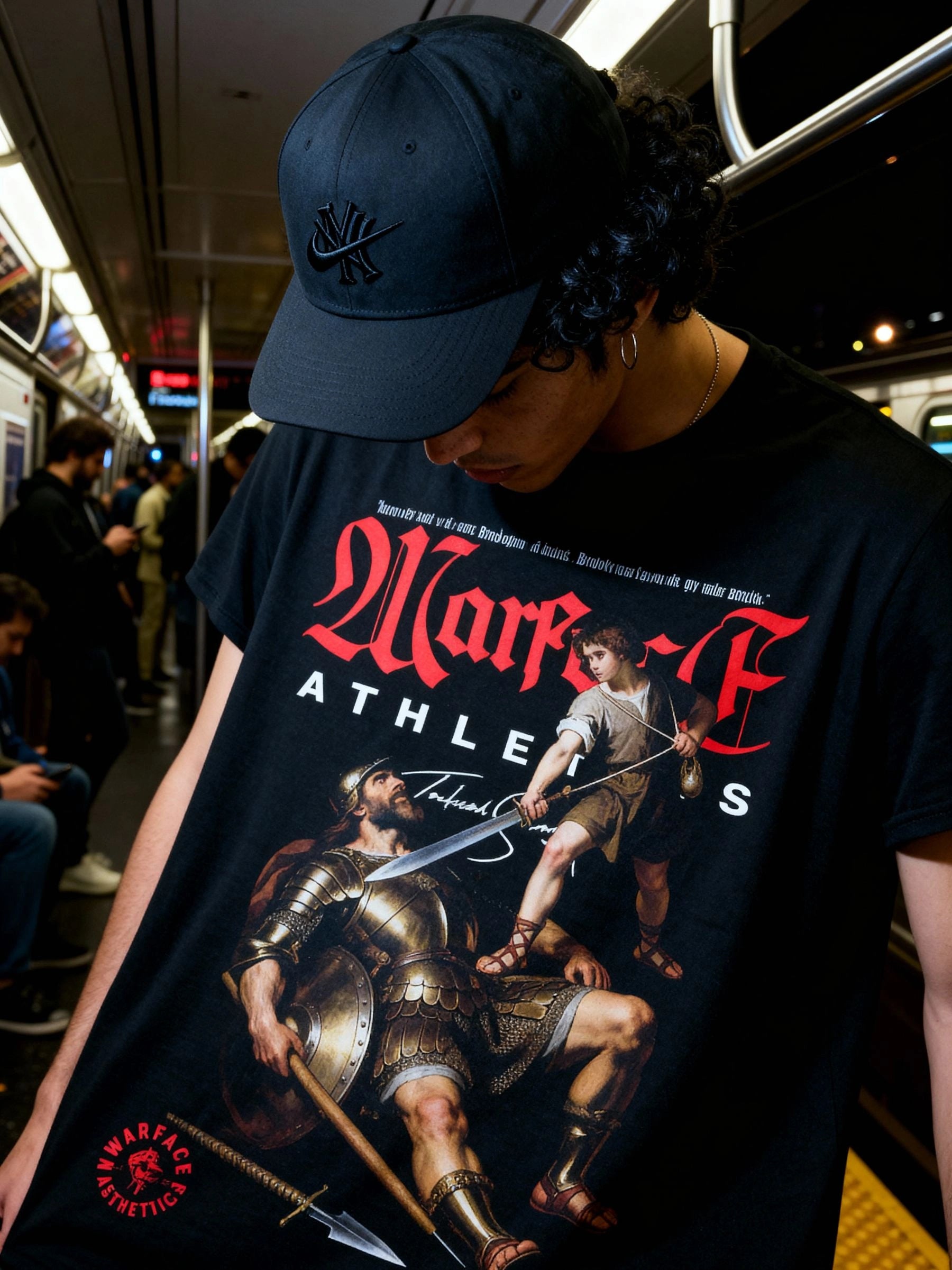 David and Goliath Graphic Tee Back View — Men's Christian Shirt with Warrior Print and Motivational Quote by Warface Athletics