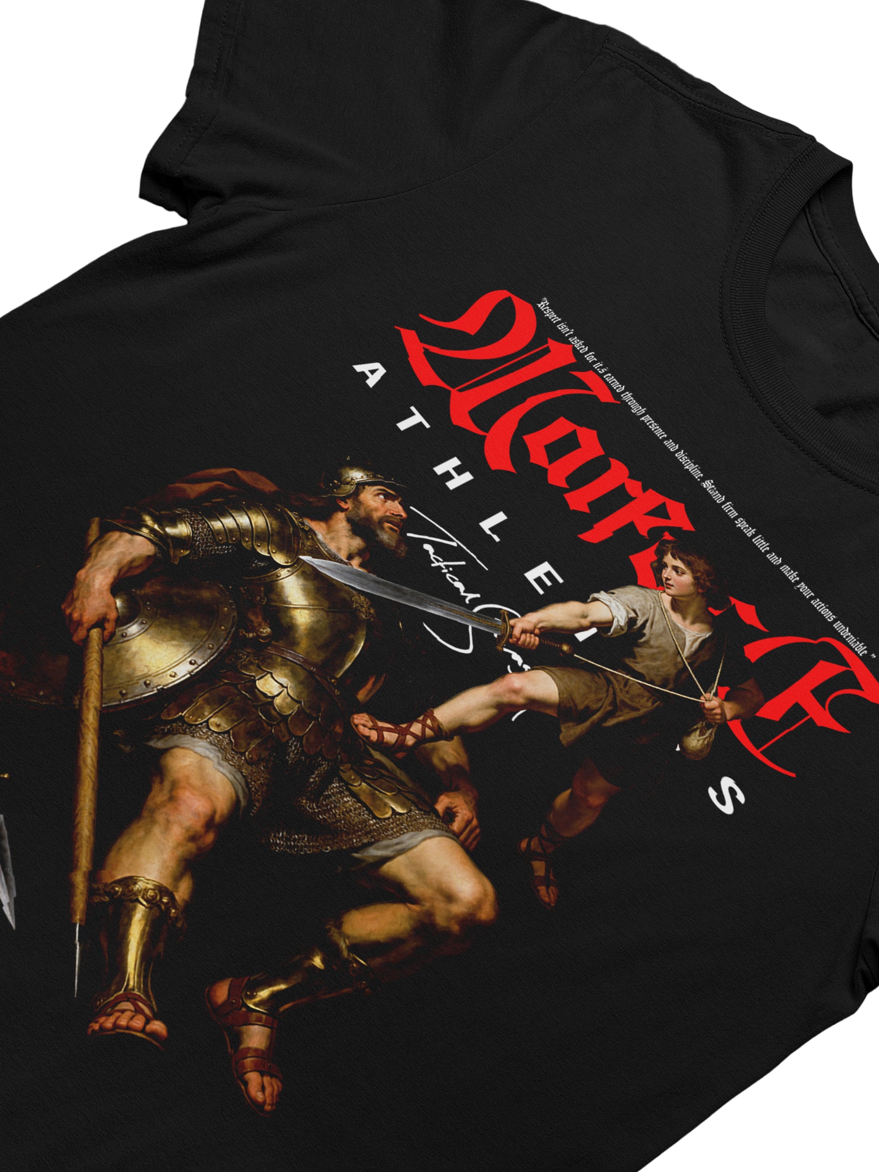 David and Goliath Graphic Tee Close-Up — Men's Christian Clothing with Stoic Motivational Quote by Warface Athletics