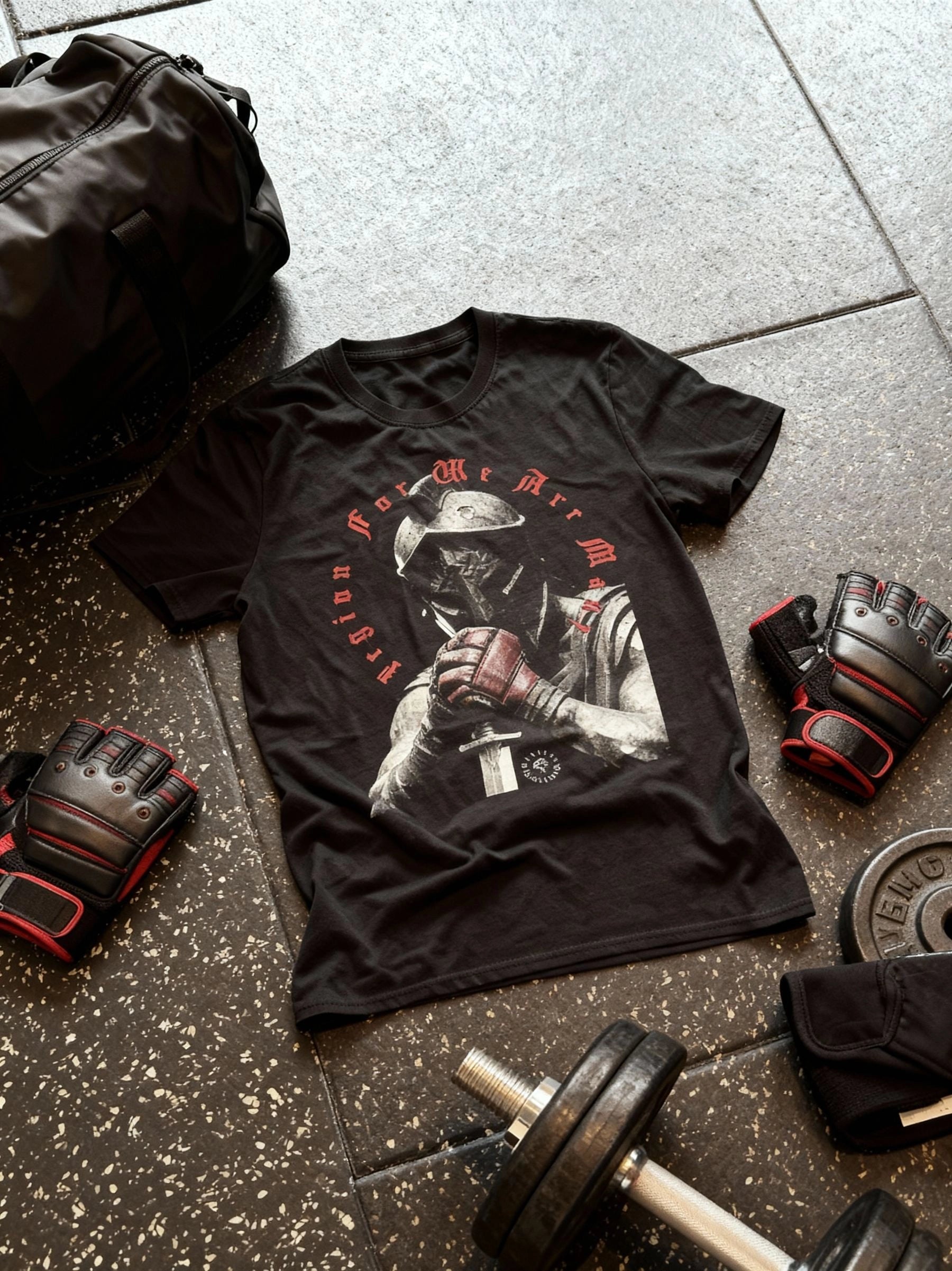Men's Legion For We Are Many gym shirt – streetwear model in spartan warrior graphic tee, urban alley lifestyle. Warface Athletics.