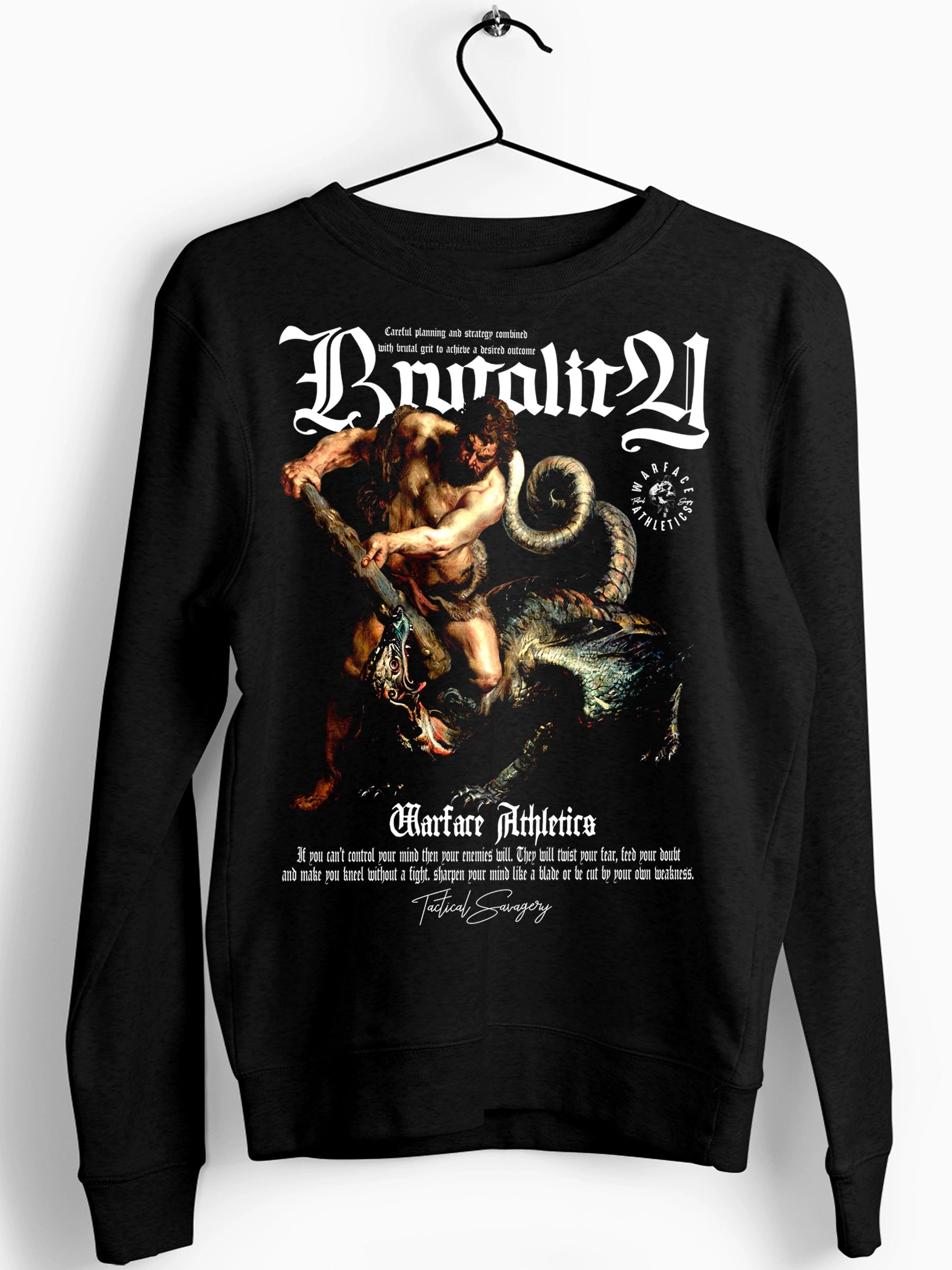 Brutality Hercules vs Hydra pump cover sweatshirt flat lay – men's greek mythology crewneck, Gildan 18000. Warface Athletics.