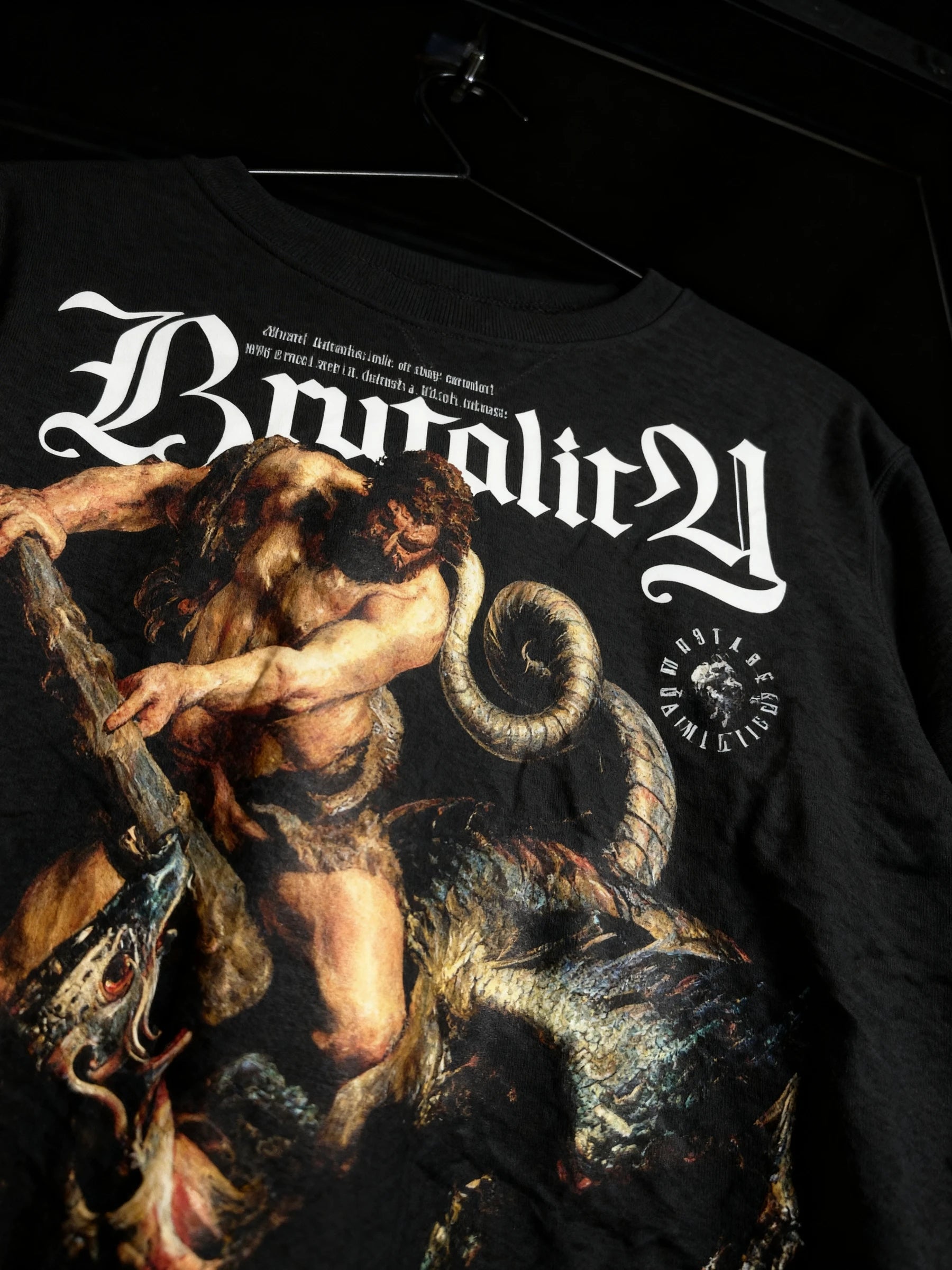 Brutality Hercules vs Hydra sweatshirt close-up – men's greek mythology pump cover crewneck, white gothic text detail.