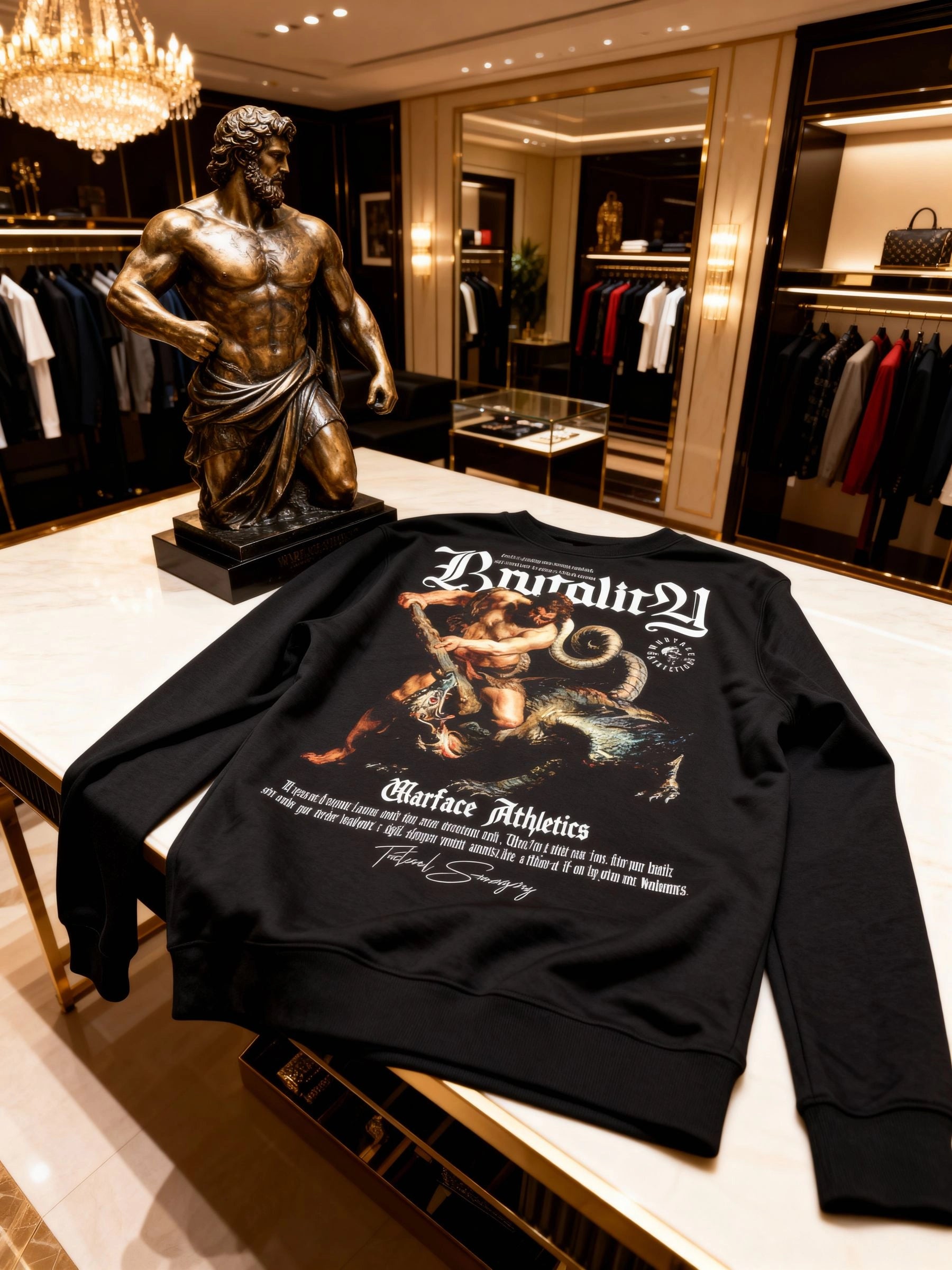 Brutality Hercules sweatshirt flat lay in luxury room – men's greek mythology pump cover crewneck. Warface Athletics.