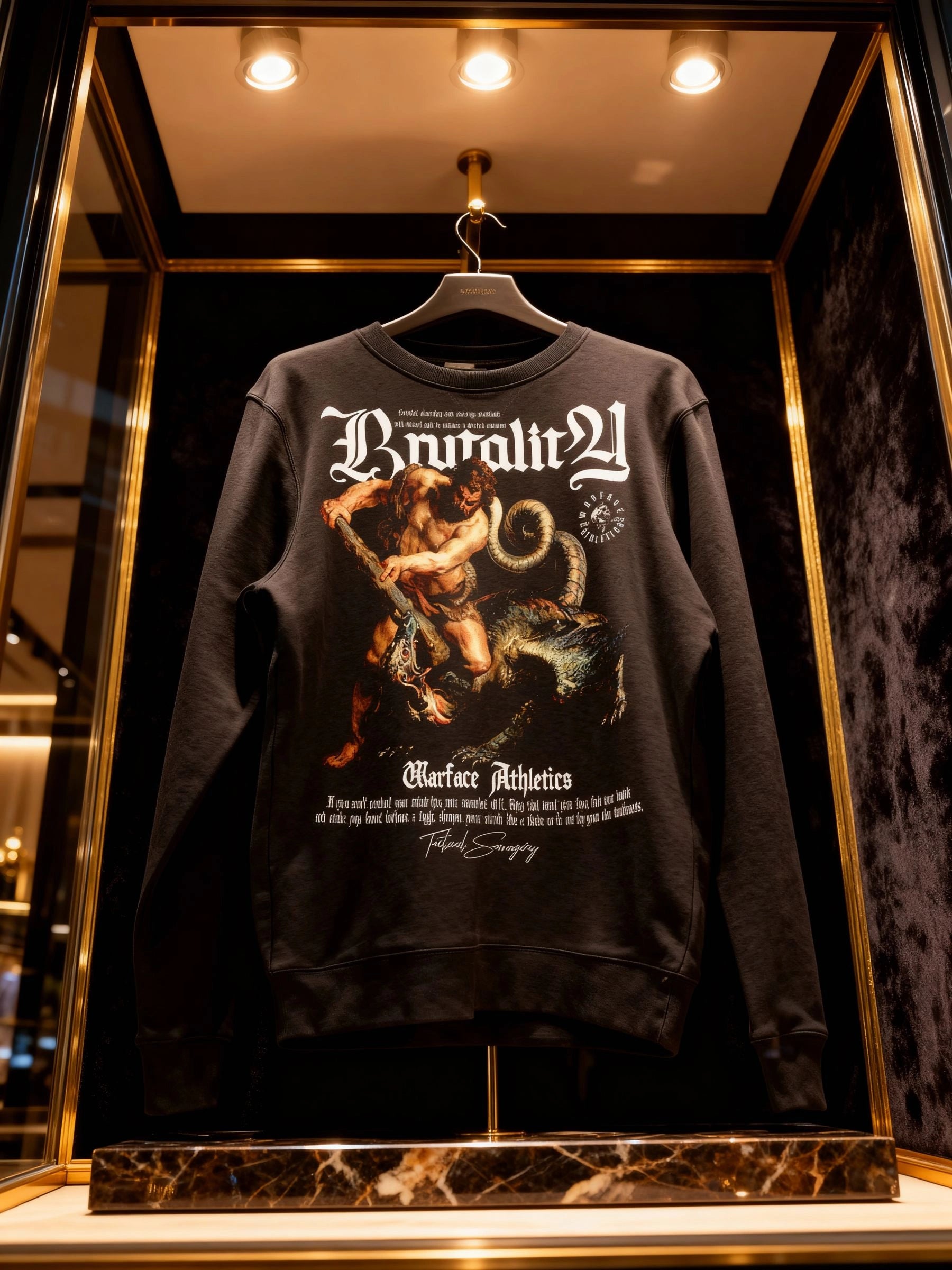 Brutality Hercules sweatshirt in display case – men's greek mythology pump cover crewneck on hanger. Warface Athletics.