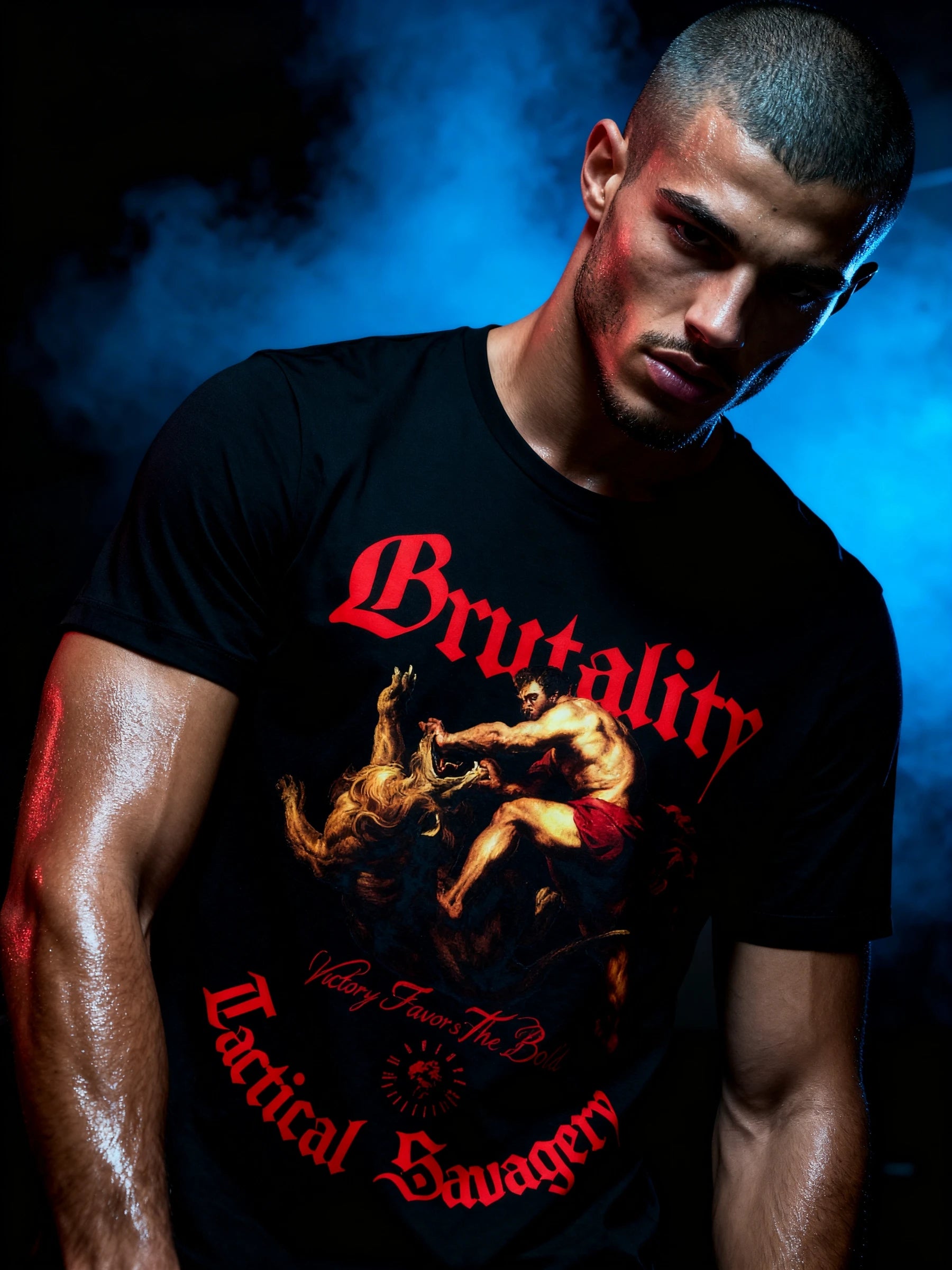 Men's Hercules Athleisure black Tee Greek Mythology Gym Shirt with Red Brutality Tactical Savagery Graphic by Warface Athletics