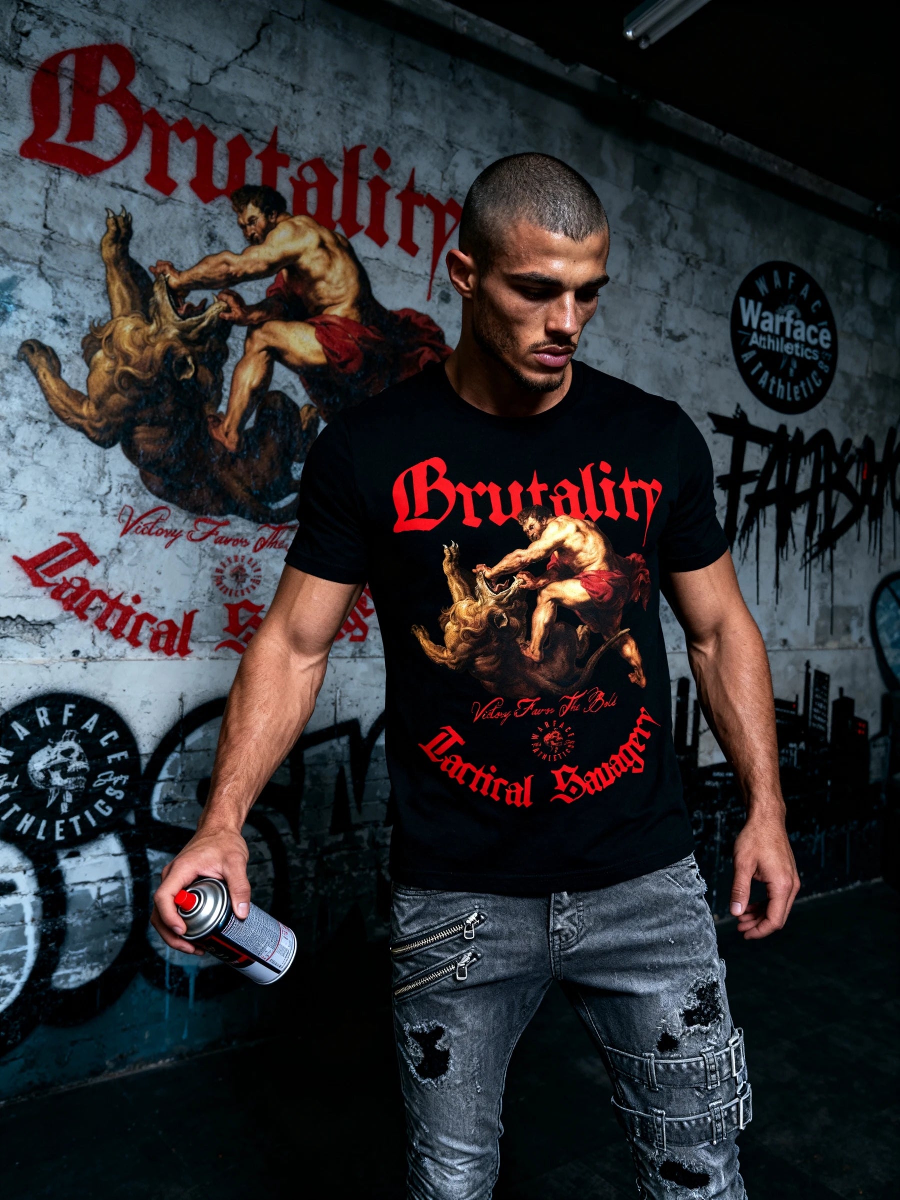 Hercules Athleisure black Tee Lifestyle — Men's Greek Mythology Gym Shirt with Red Hercules Lion Graphic in Urban Setting by Warface Athletics