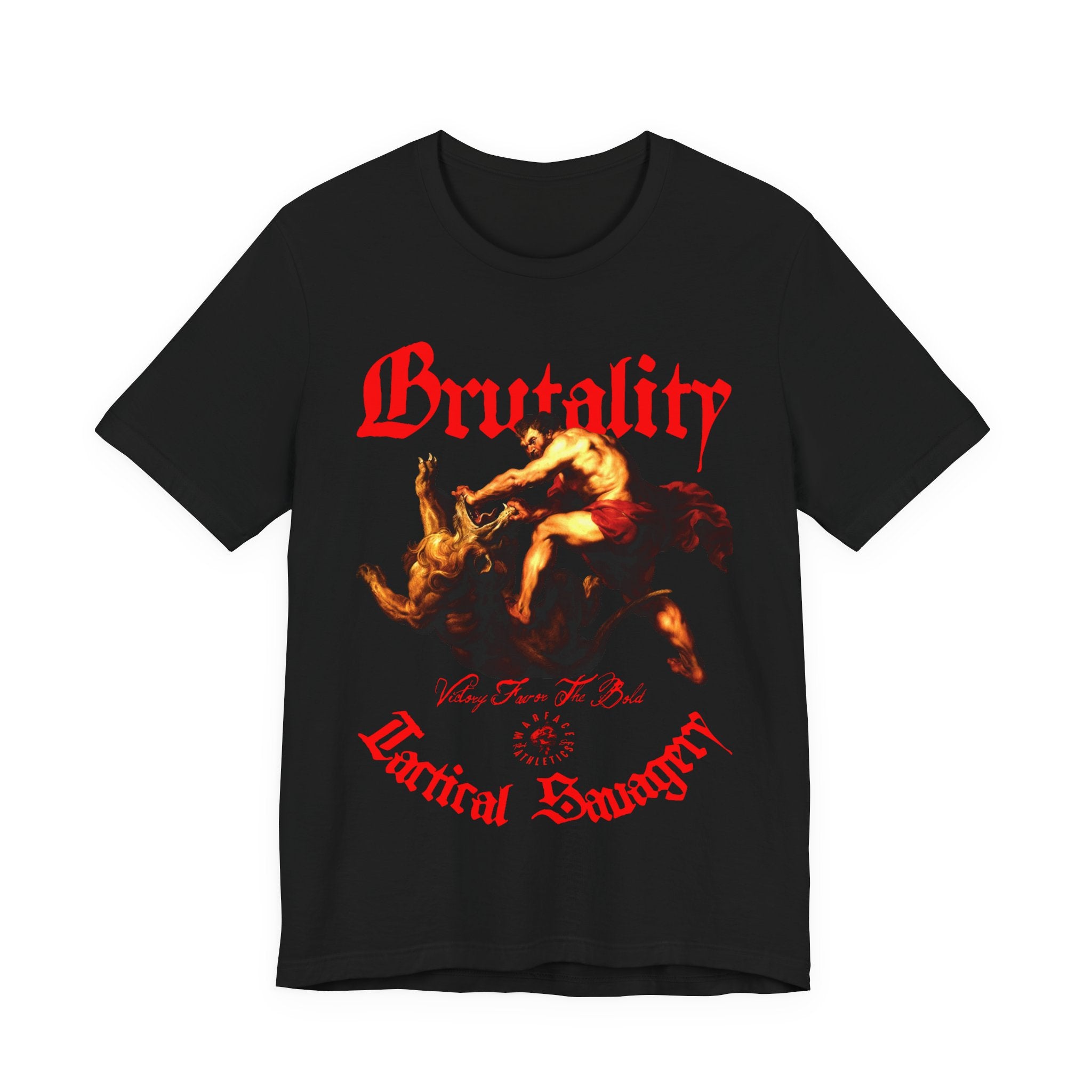 Athleisure black Tee Flat Lay Front — Men's Black Greek Mythology Gym Shirt with Red Brutality Tactical Savagery Print by Warface Athletics