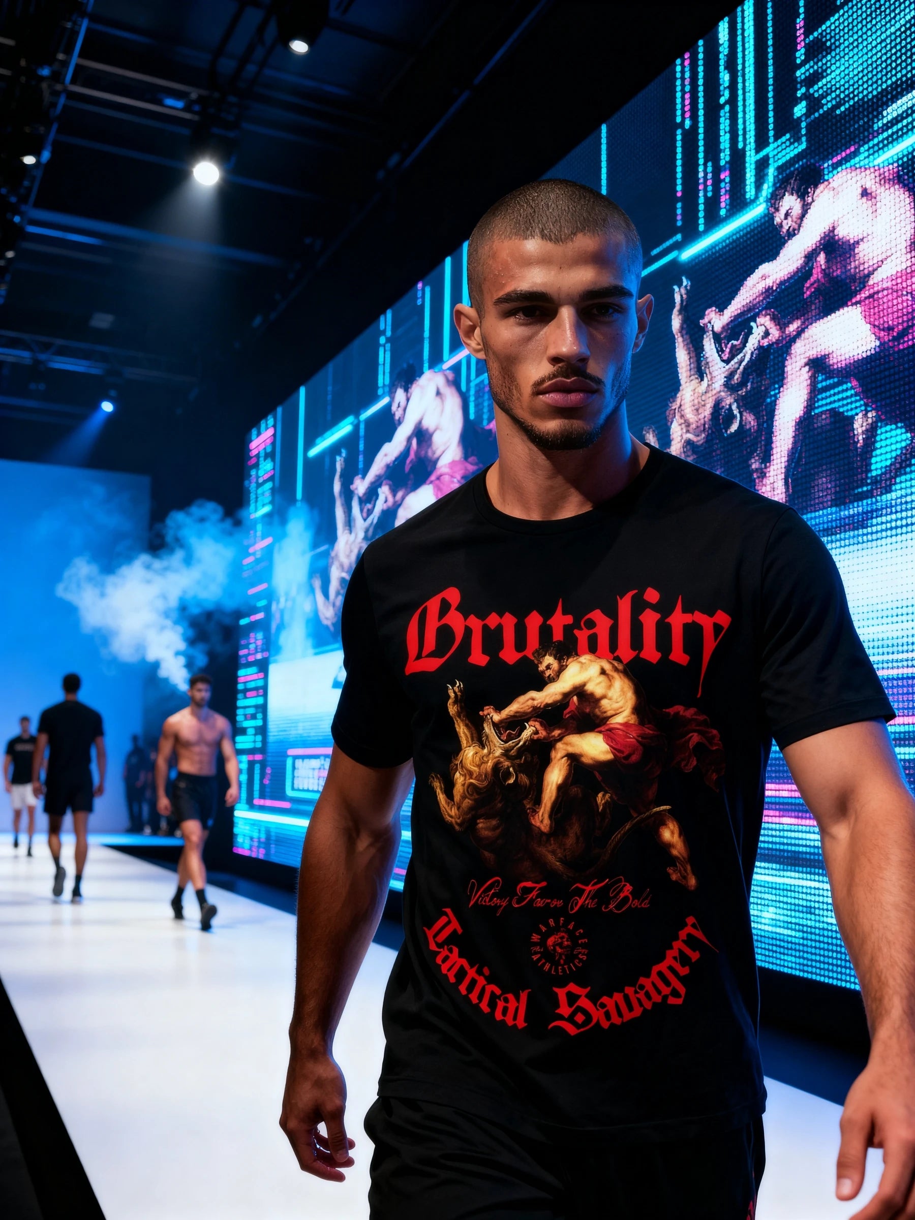 Men's Hercules Warrior Shirt with Red Brutality Tactical Savagery Print on runway Setting by Warface Athletics