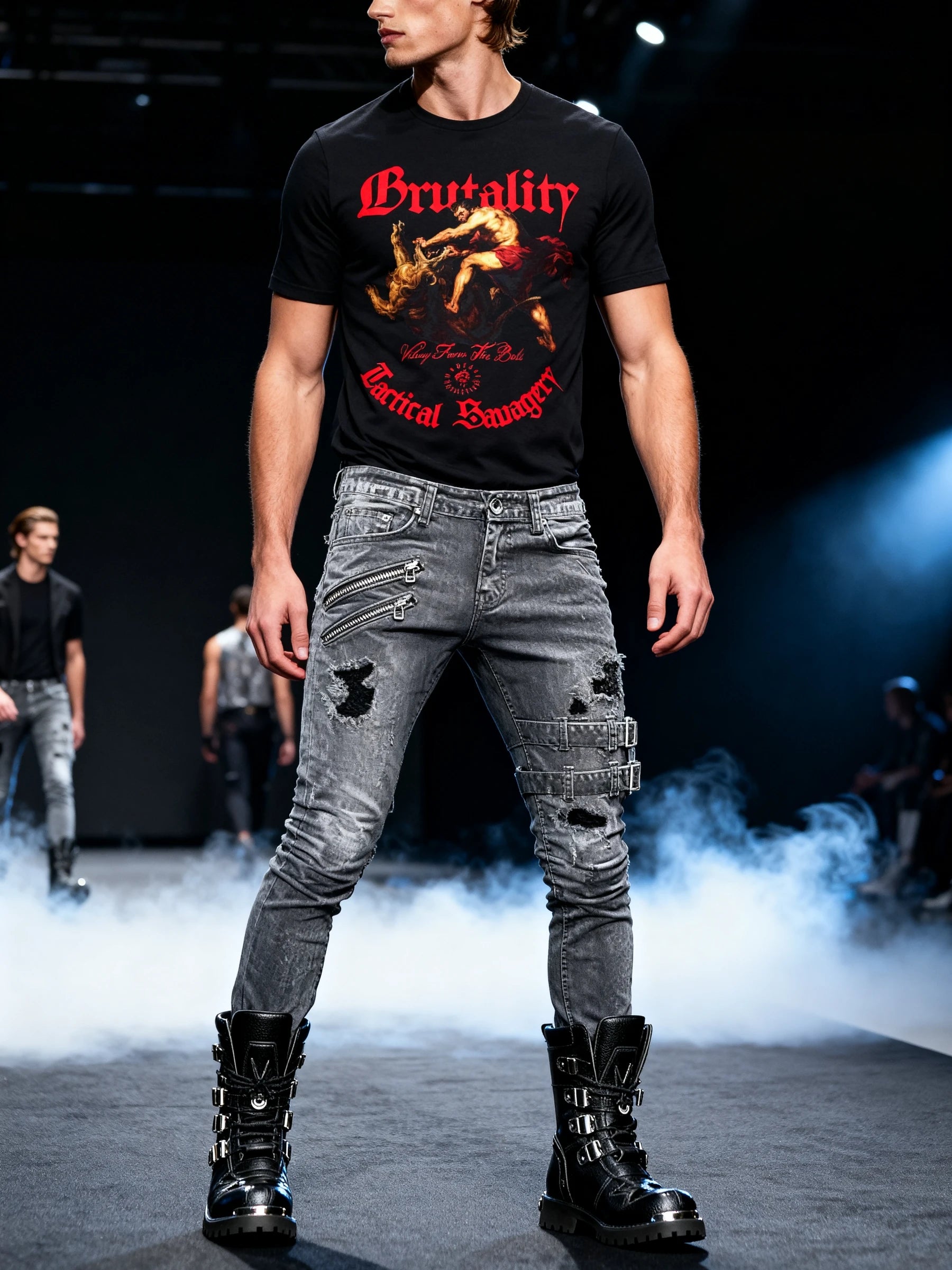 Athleisure black Tee Lifestyle — Men's Greek Mythology Warrior Shirt with Red Hercules Lion Graphic in Arena Setting by Warface Athletics