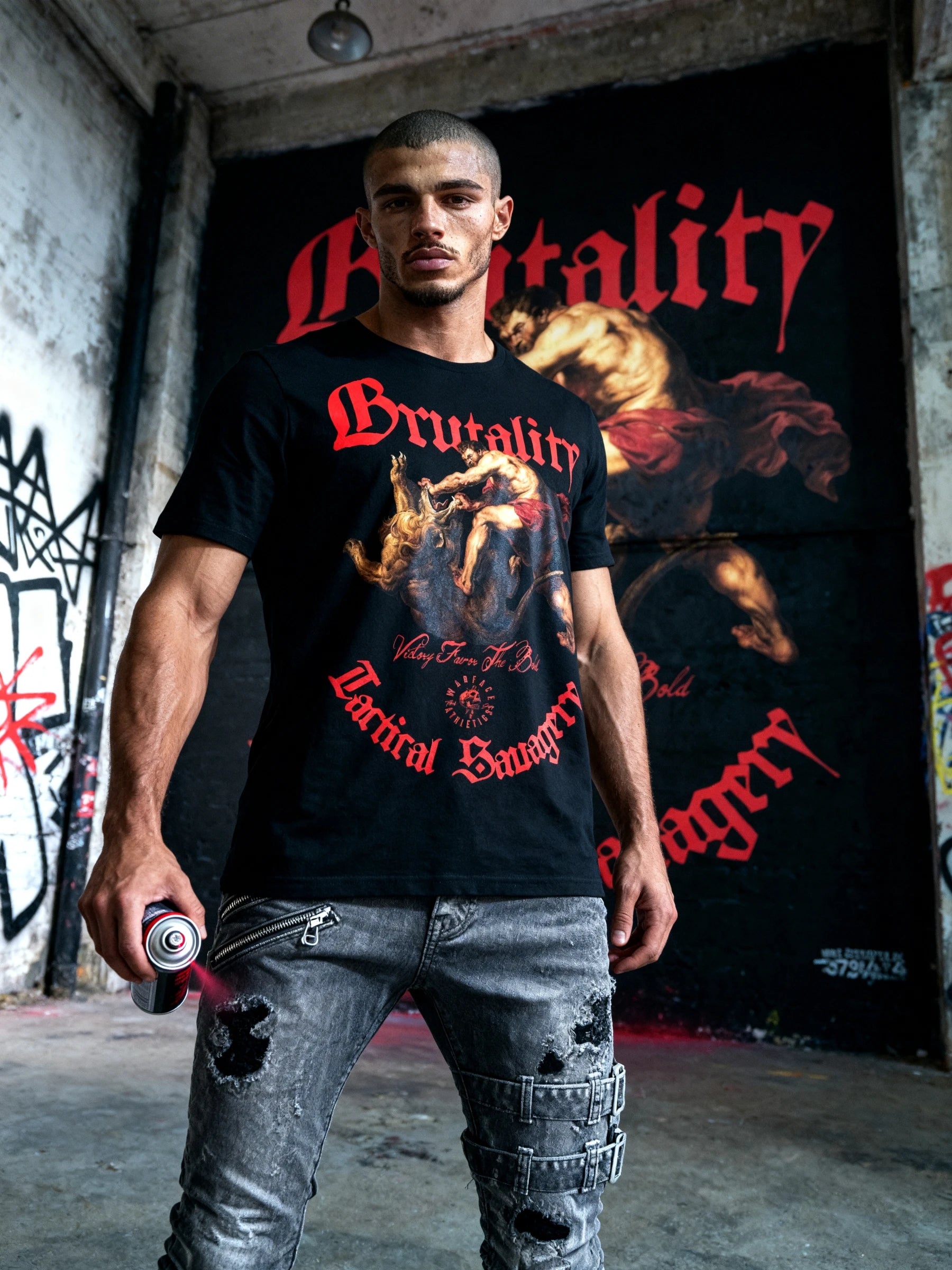 Athleisure black Tee Close-Up — Men's Greek Mythology T-Shirt with Bold Red Hercules Lion Graphic by Warface Athletics