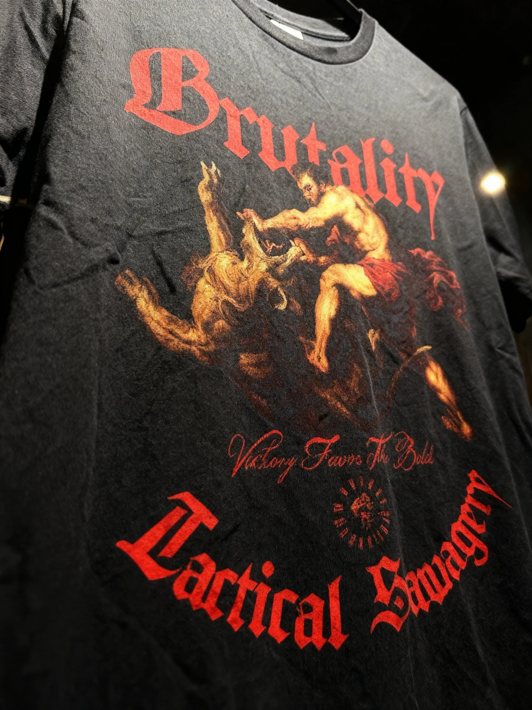 Athleisure black Tee Lifestyle — Men's Hercules Warrior Shirt with Red Brutality Tactical Savagery Print by Warface Athletics