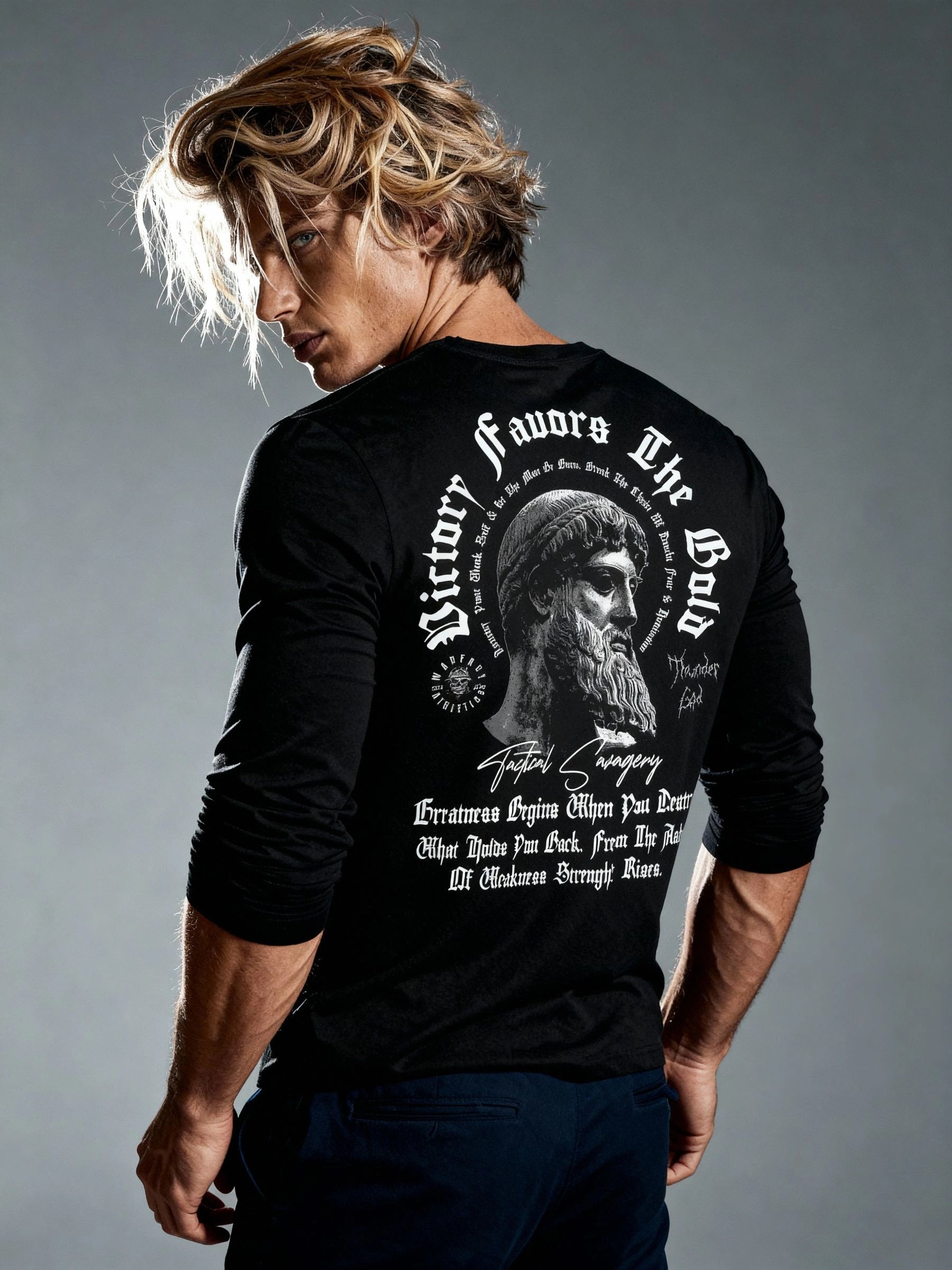 Victory Favors the Bold Long Sleeve Lifestyle — Men's Greek God Warrior Shirt with Zeus Graphic in Urban Setting by Warface Athletics