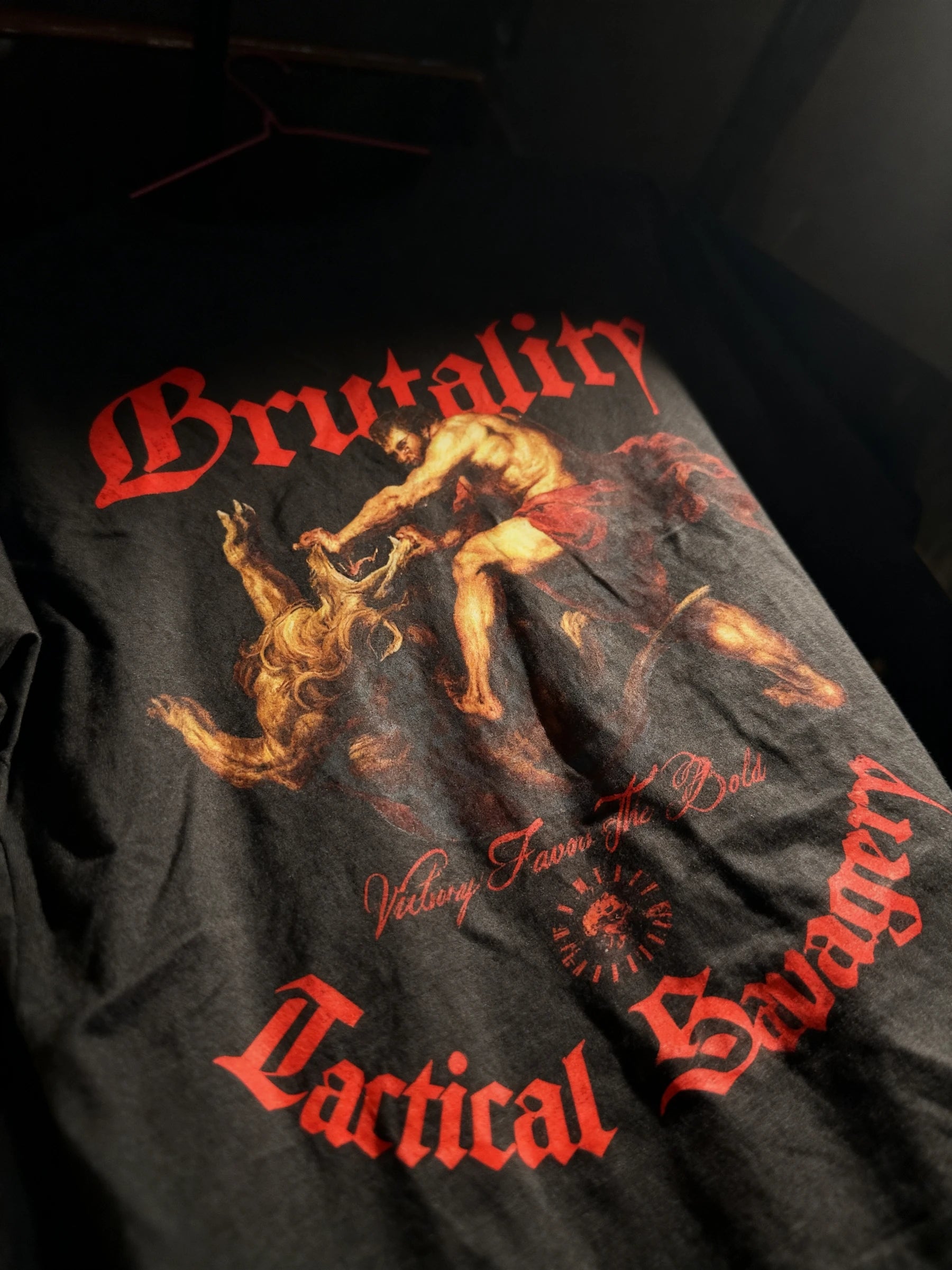 Athleisure black Tee Display — Men's Hercules Greek Mythology Shirt with Red Tactical Savagery Print by Warface Athletics