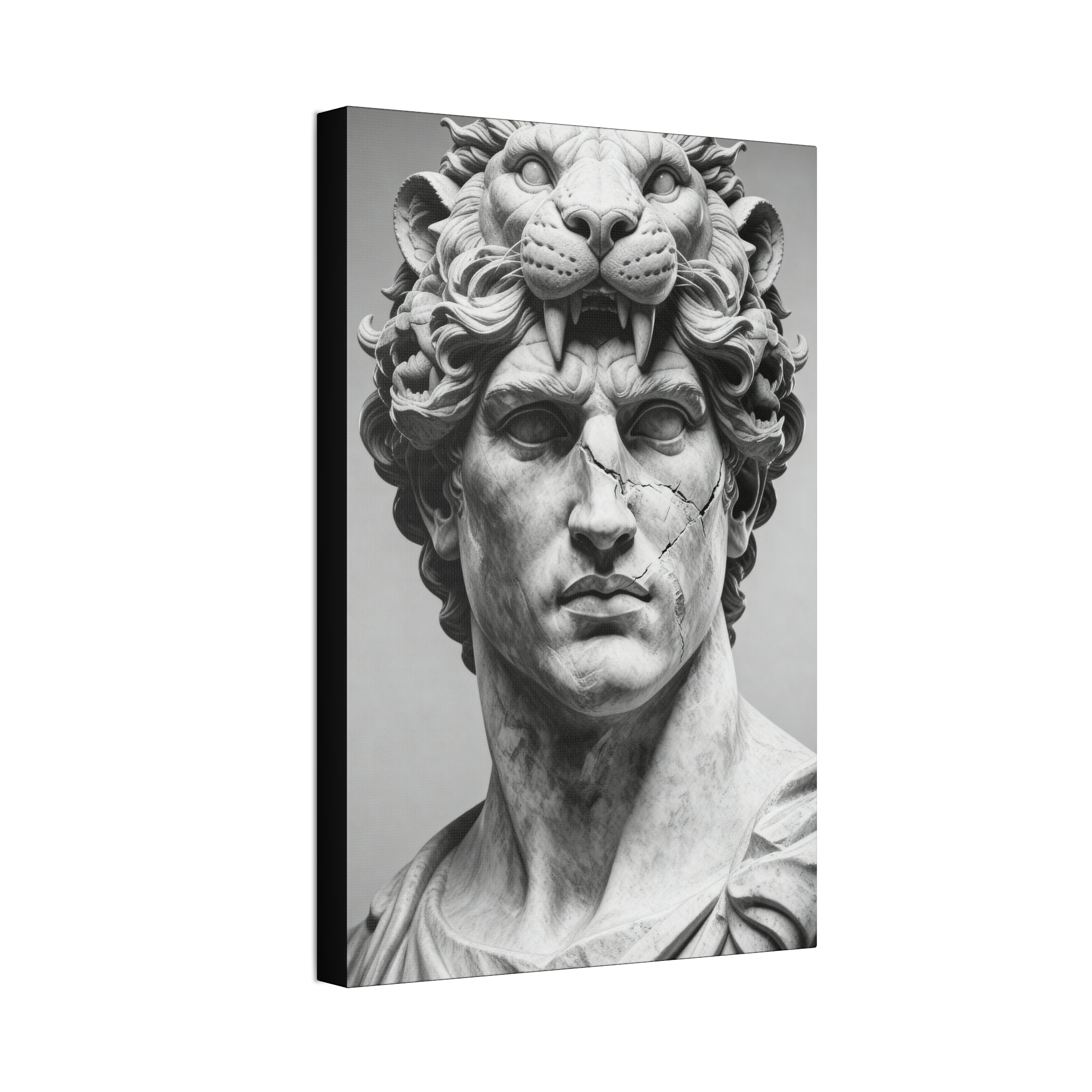 Hercules greek mythology canvas art in luxury interior – monochrome marble bust wall art, home gym decor. Warface Athletics.
