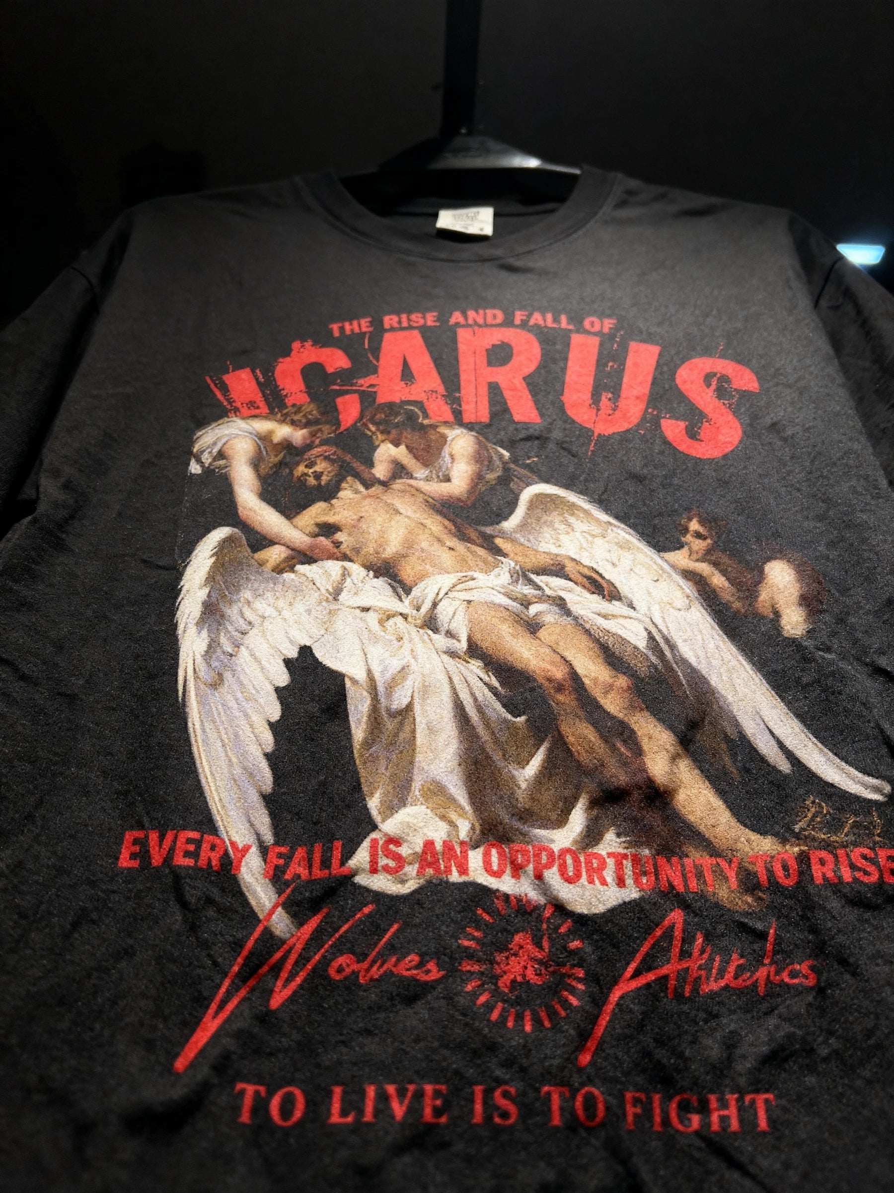 Icarus Graphic Tee for Guys Front View — Men's Gym T-Shirt with Greek Mythology Print and Motivational Quote by Warface Athletics