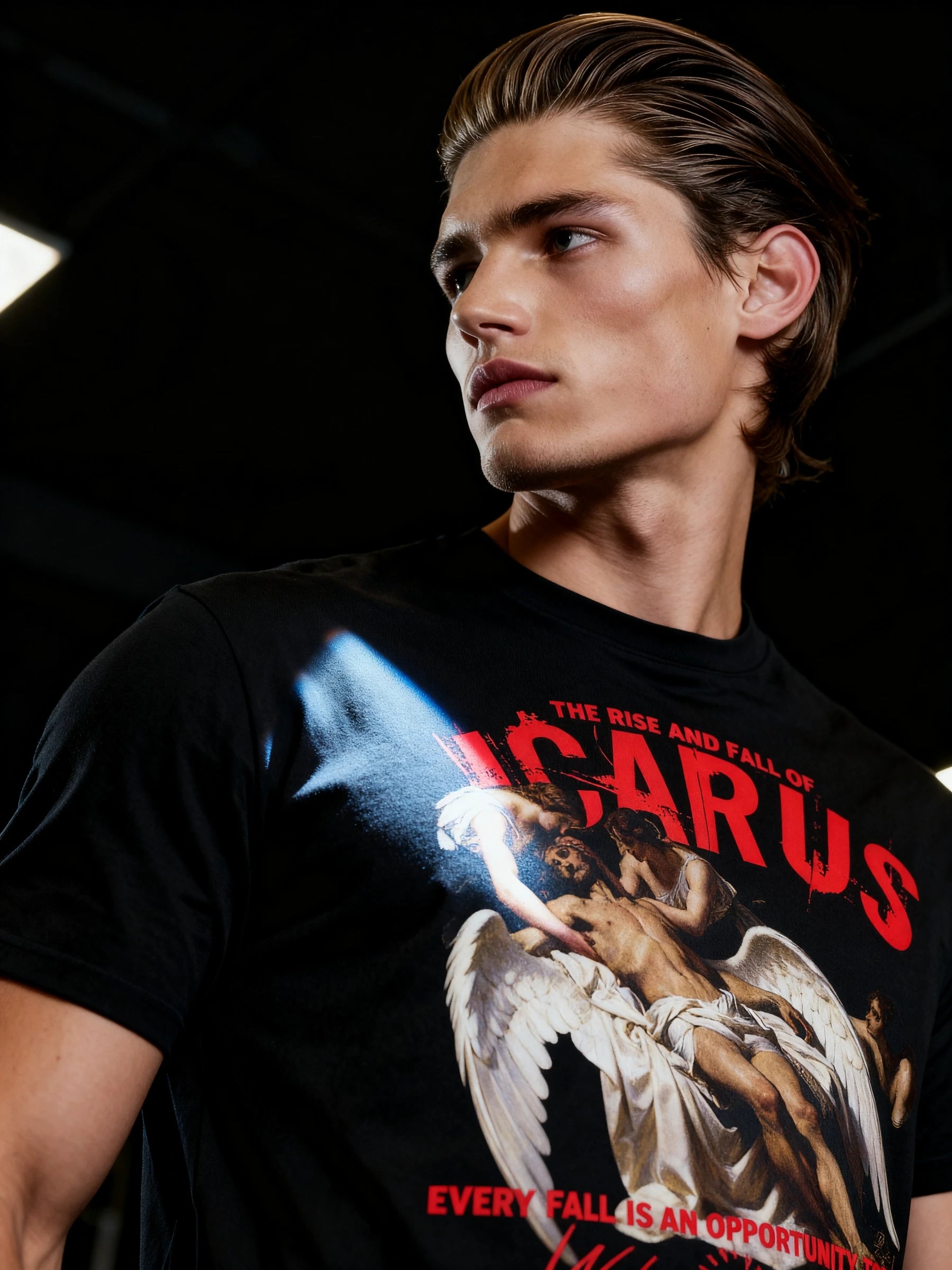 Icarus Greek Mythology Guys Graphic T-Shirt — Men's Streetwear Workout Shirt with Inspirational Quote by Warface Athletics