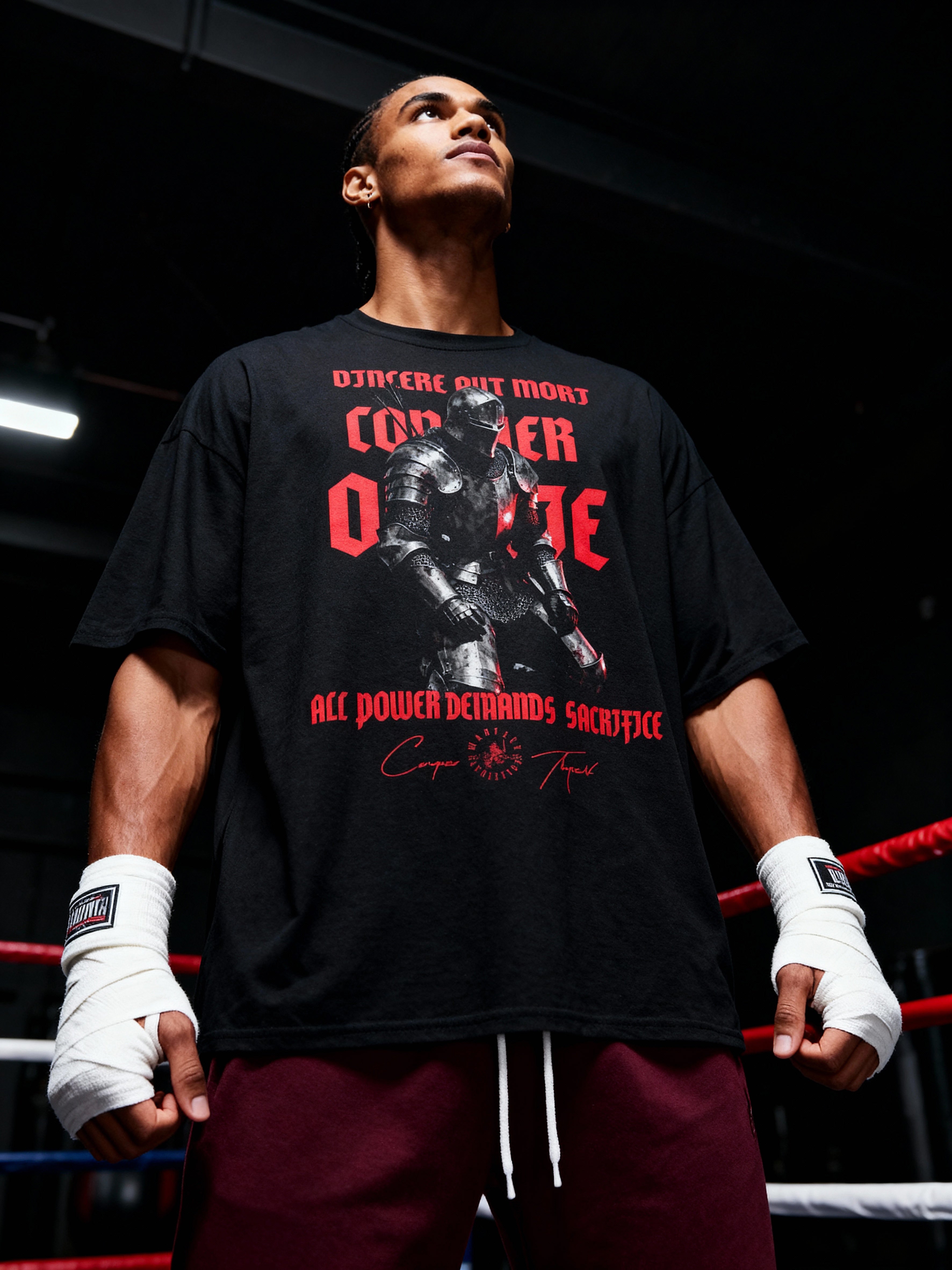Men's medieval knight gym shirt – boxer in Vincere Aut Mori heavyweight tee in boxing ring, workout shirts for men.