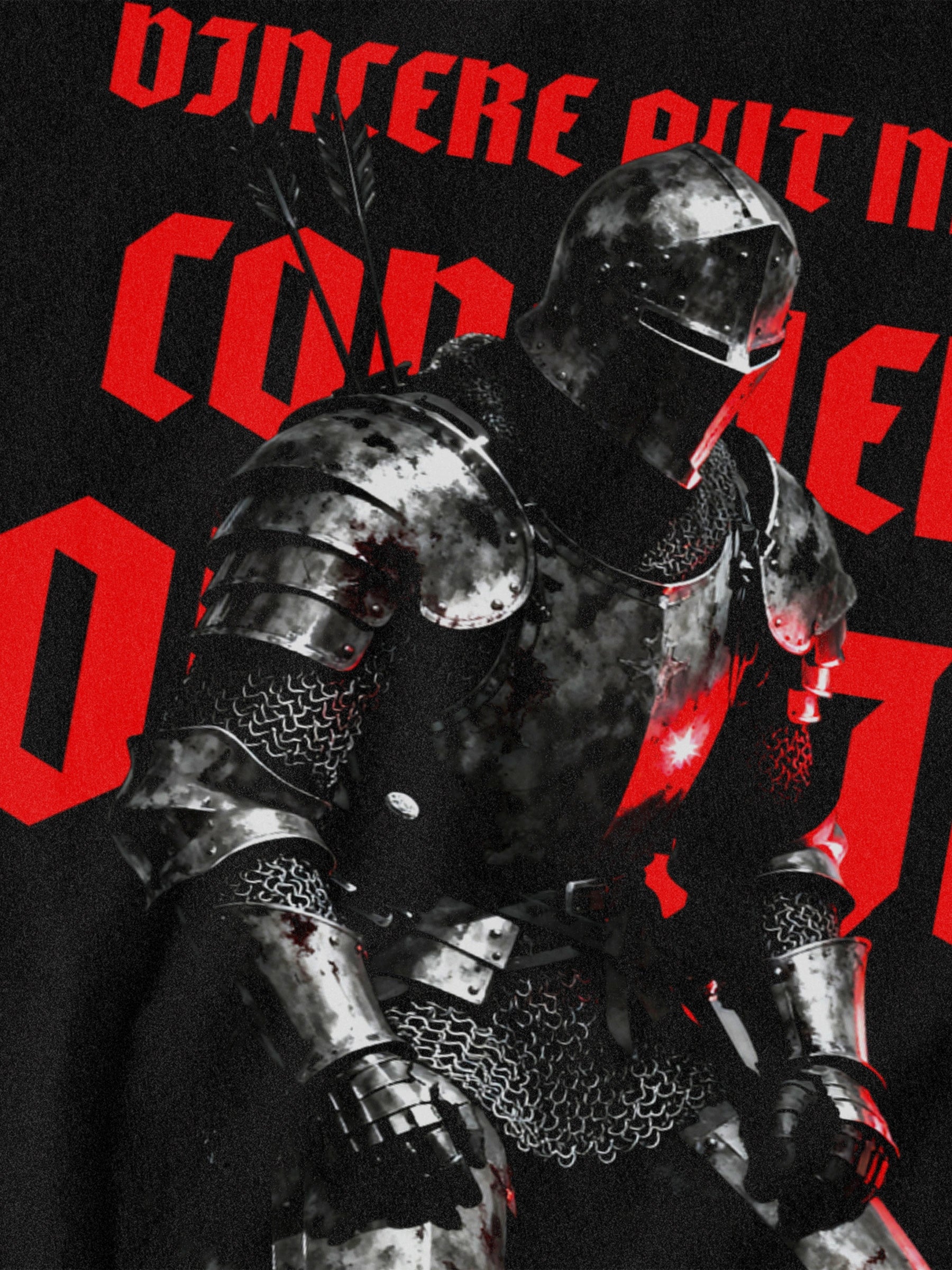 Vincere Aut Mori Conquer or Die graphic tee design – armored medieval knight, All Power Demands Sacrifice red text.