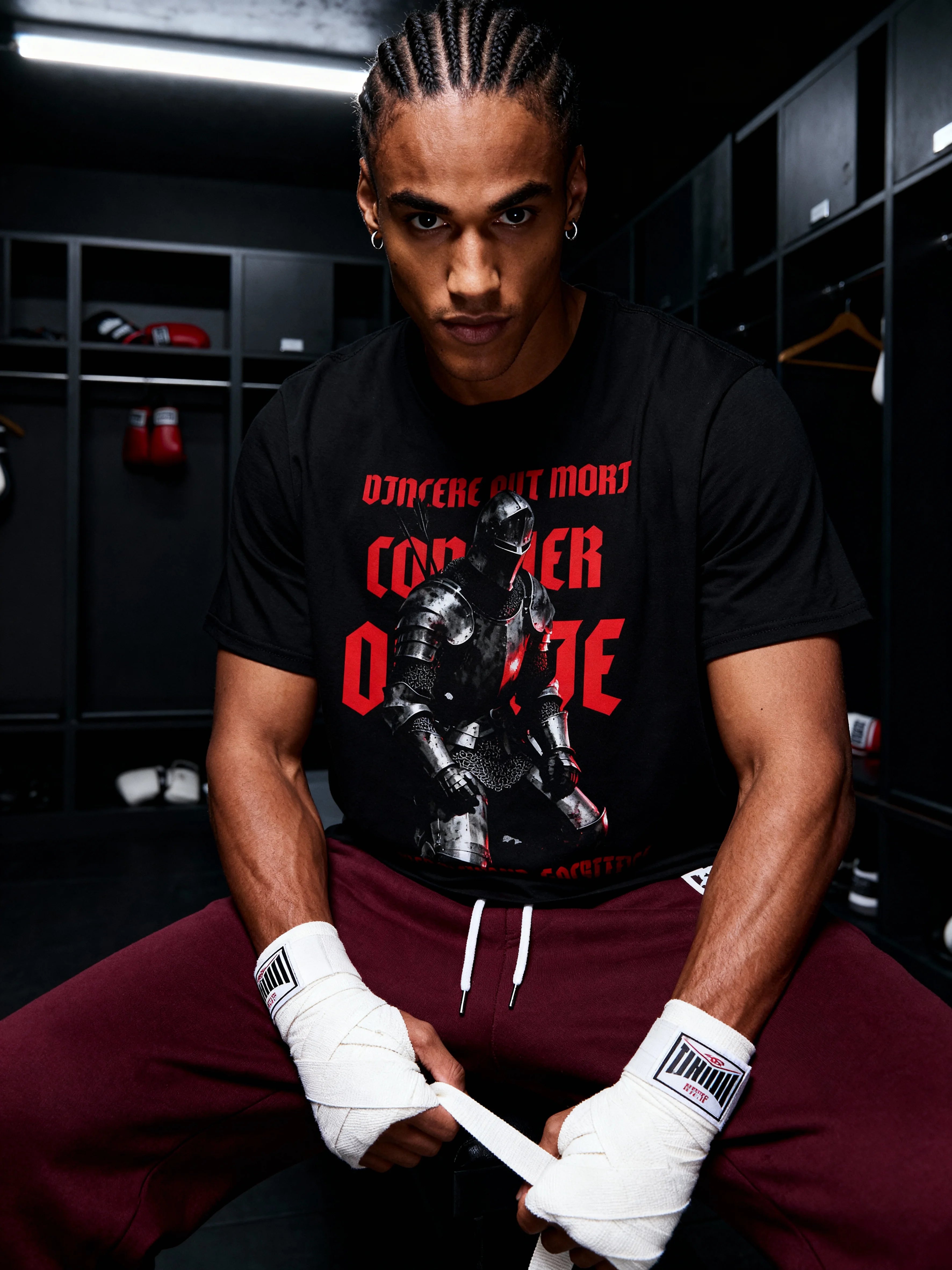 Vincere Aut Mori heavyweight gym shirt – boxer in locker room wearing men's medieval knight graphic tee. Warface Athletics.