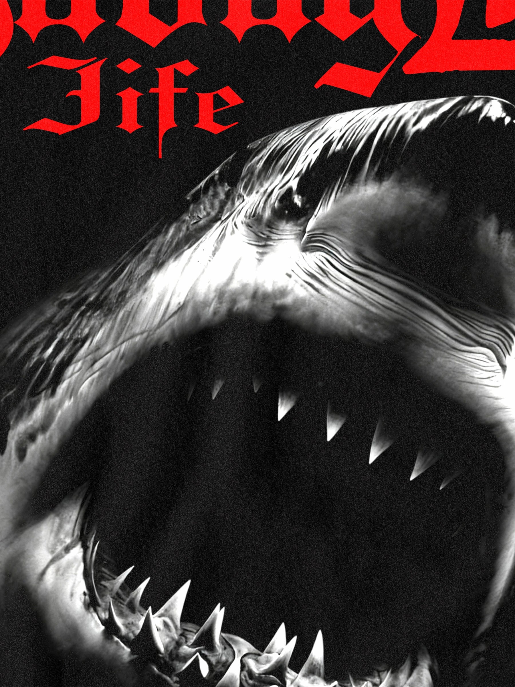 Savage Life shark graphic long sleeve design – great white shark lunging, Anger Is Fuel red gothic text. Warface Athletics.