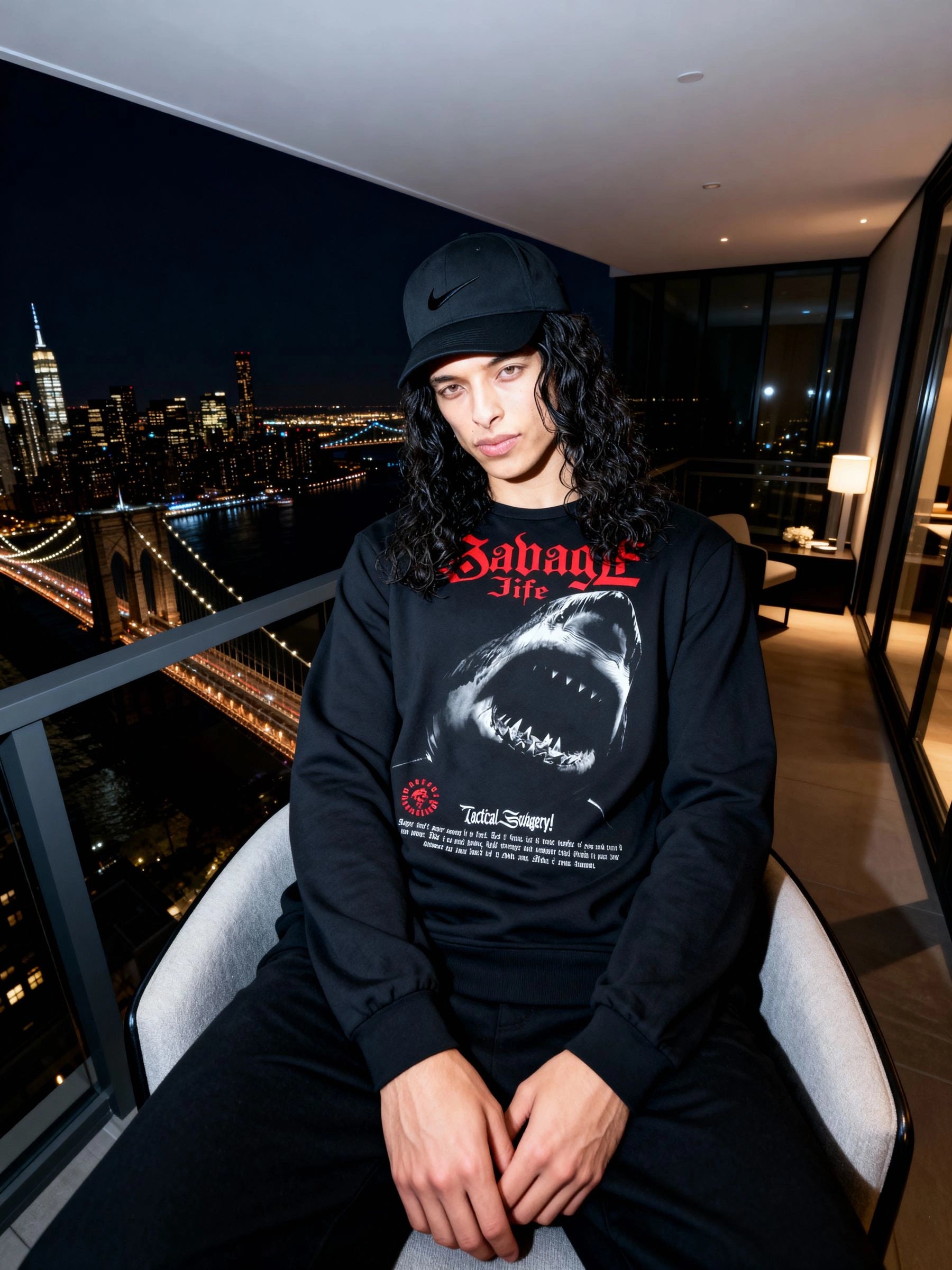 Men's shark graphic long sleeve gym shirt – streetwear model in Savage Life tee, luxury penthouse cityscape lifestyle.