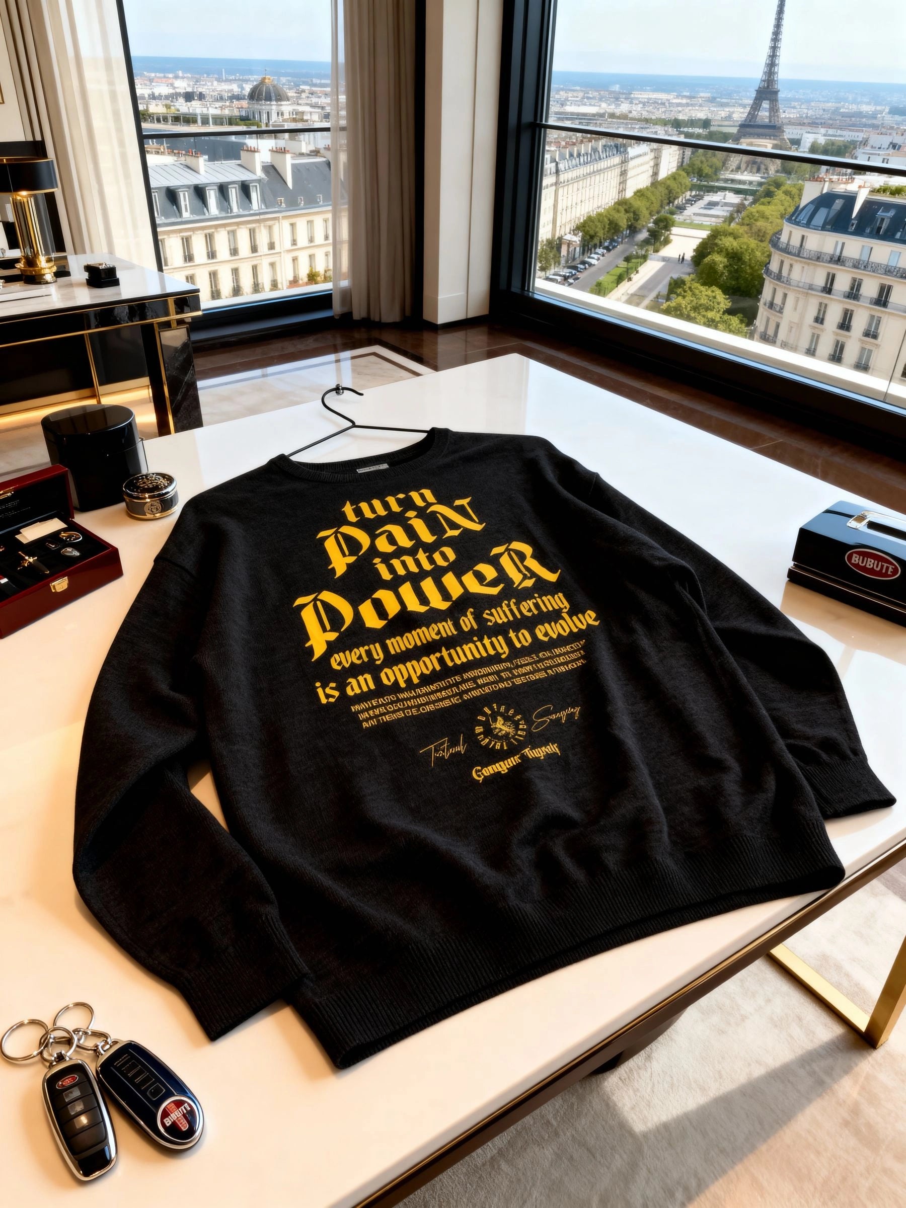 Turn Pain Into Power sweatshirt flat lay with cityscape view – men's stoic typography pump cover crewneck. Warface Athletics.