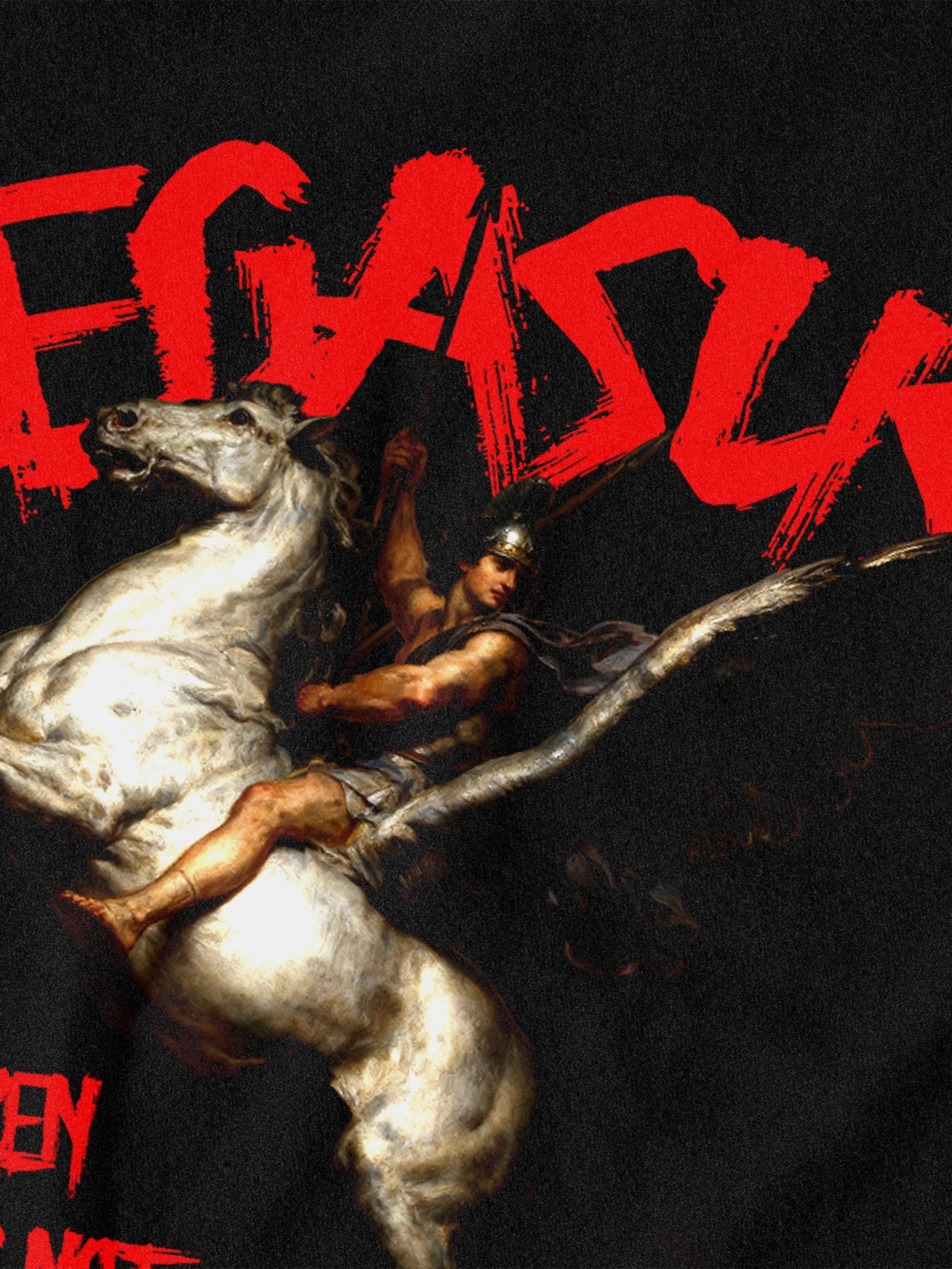 Pegasus Rise Above Tee Close-Up — Men's Greek Mythology T-Shirt with Bold Red Pegasus Warrior Print by Warface Athletics