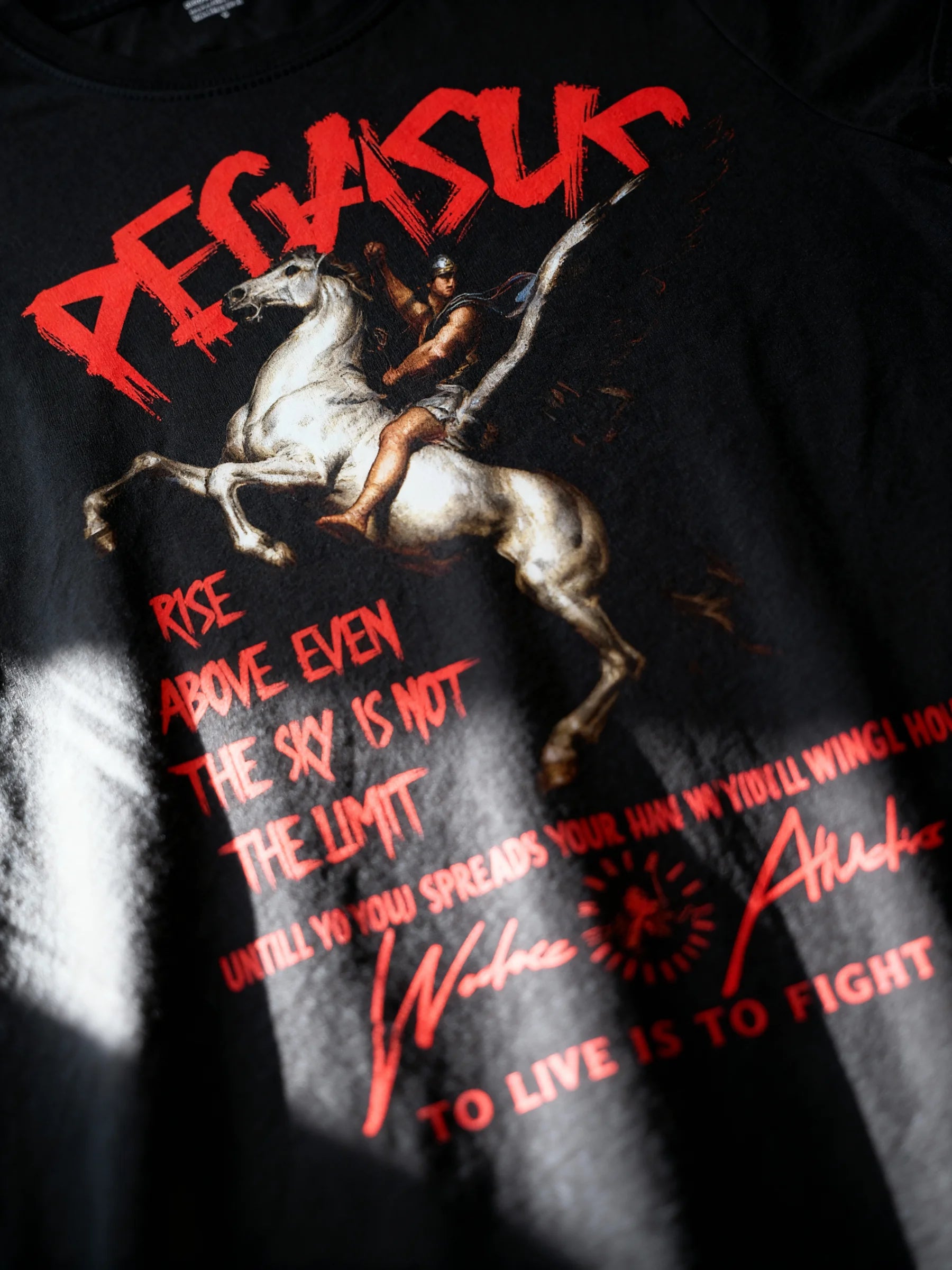 Pegasus Rise Above Tee Display — Men's Greek Mythology Gym Shirt with Bold Red Pegasus Print by Warface Athletics