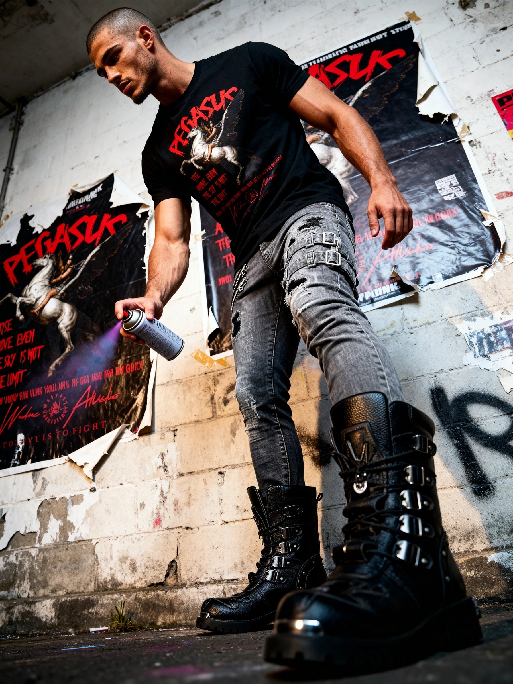 Bellerophon Pegasus Tee Lifestyle — Men's Greek Warrior Shirt with Red Pegasus Graphic in Urban Setting by Warface Athletics