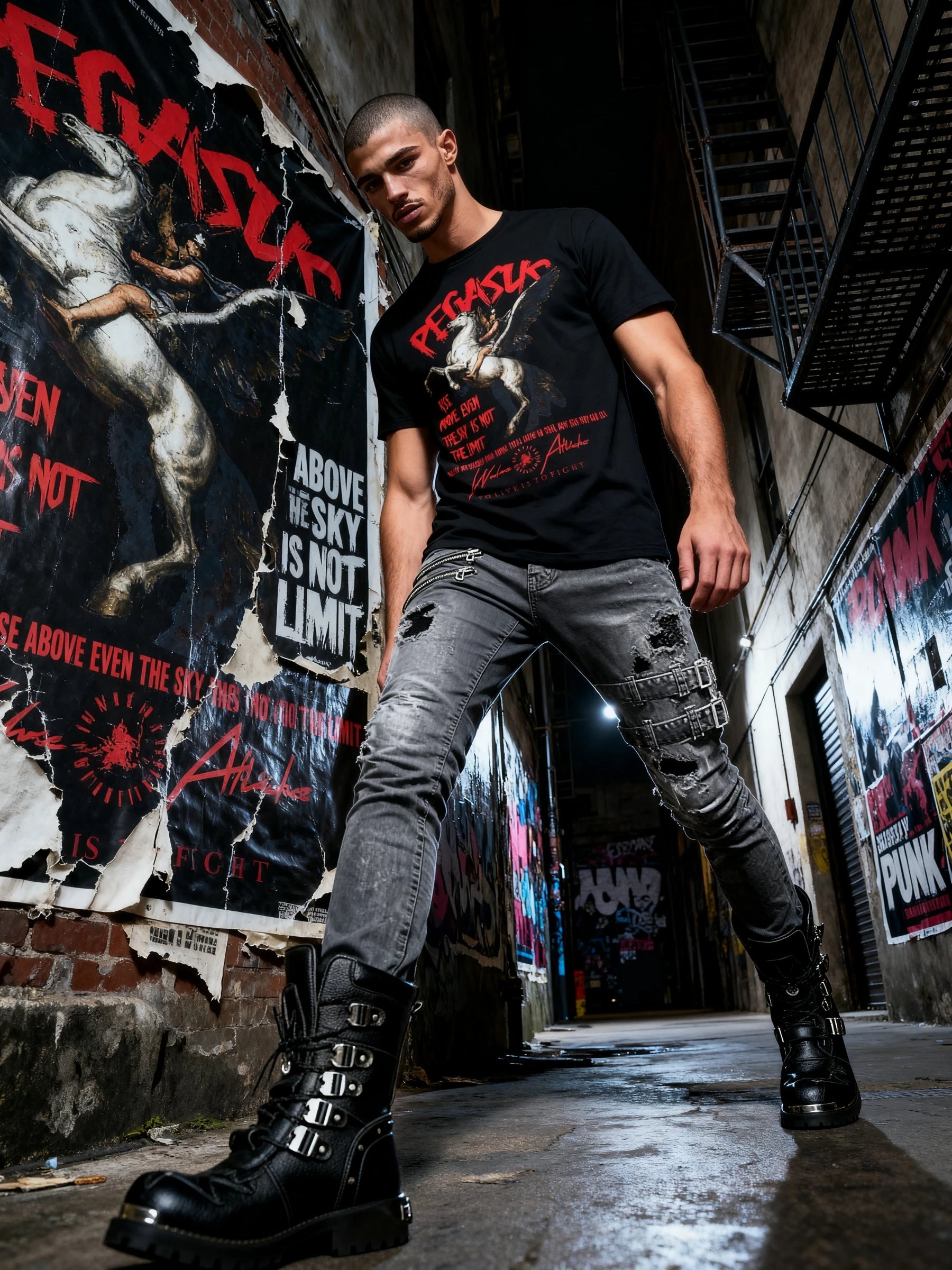 Bellerophon Pegasus Tee Lifestyle — Men's Greek Warrior Shirt with Red Pegasus Graphic in Dark Setting by Warface Athletics