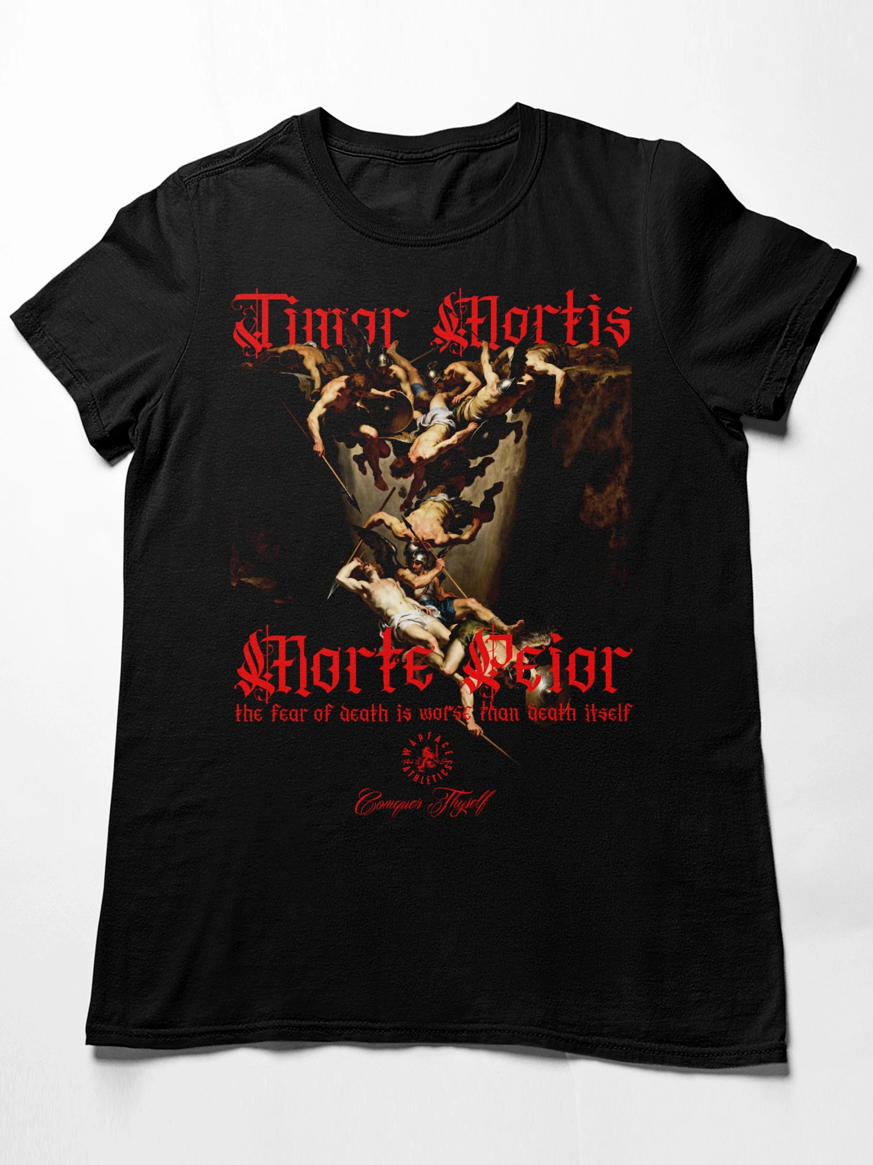 T shirts with graphics – Timor Mortis Morte Prior heavyweight gym tee flat lay dark background – Warface Athletics