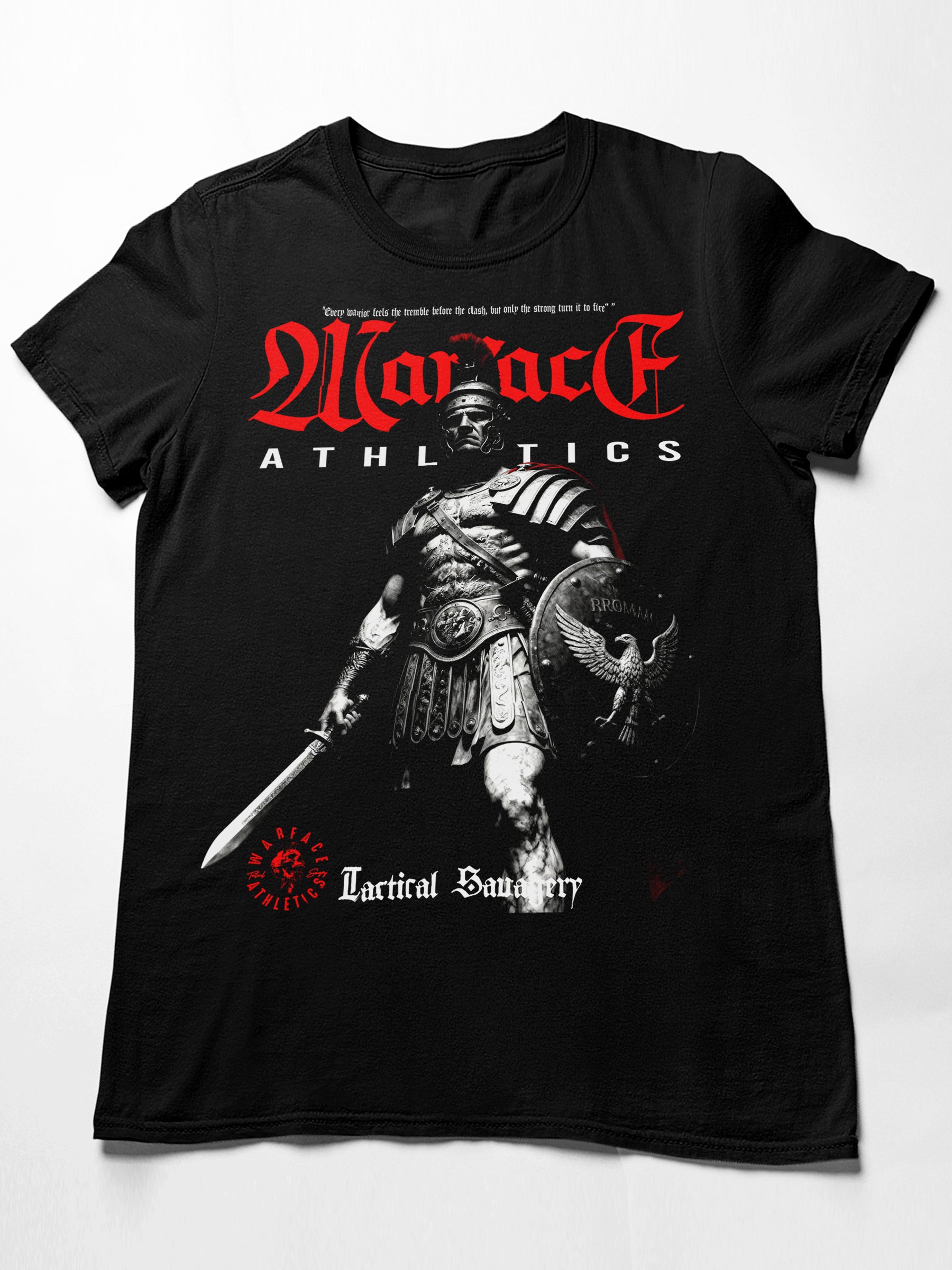 Roman Centurion Tee Flat Lay — Men's Tribute Shirt with Gladiator Warrior Print by Warface Athletics