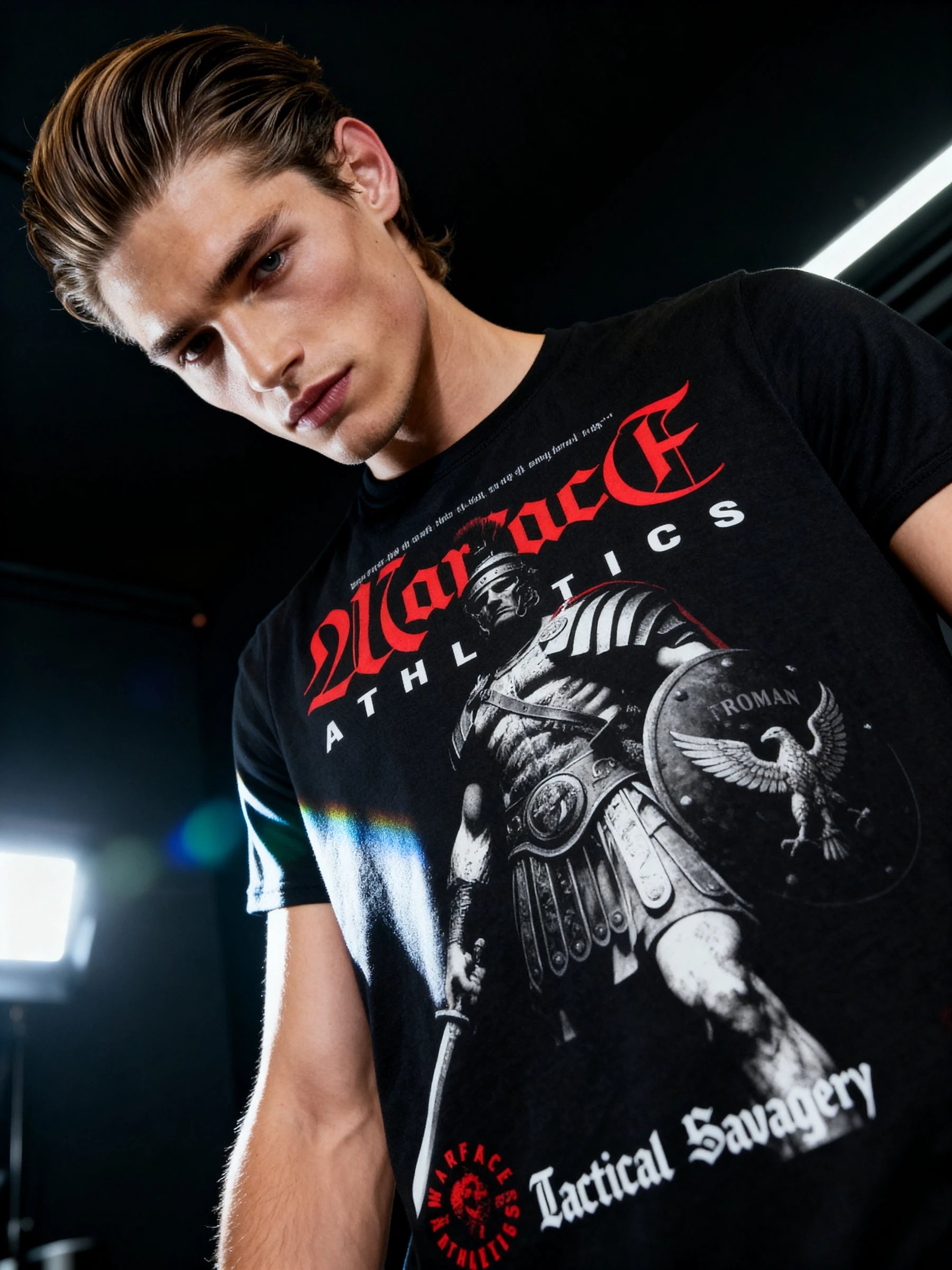 Roman Centurion Graphic Tee Lifestyle Shot — Men's Battle Ready T-Shirt with Spartan Helmet Graphic by Warface Athletics