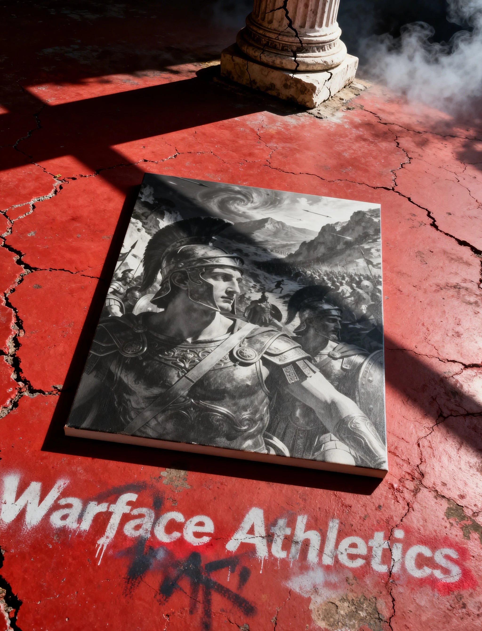 Spartan general canvas art on red Warface Athletics wall – monochrome greek warrior print, large home gym wall art.