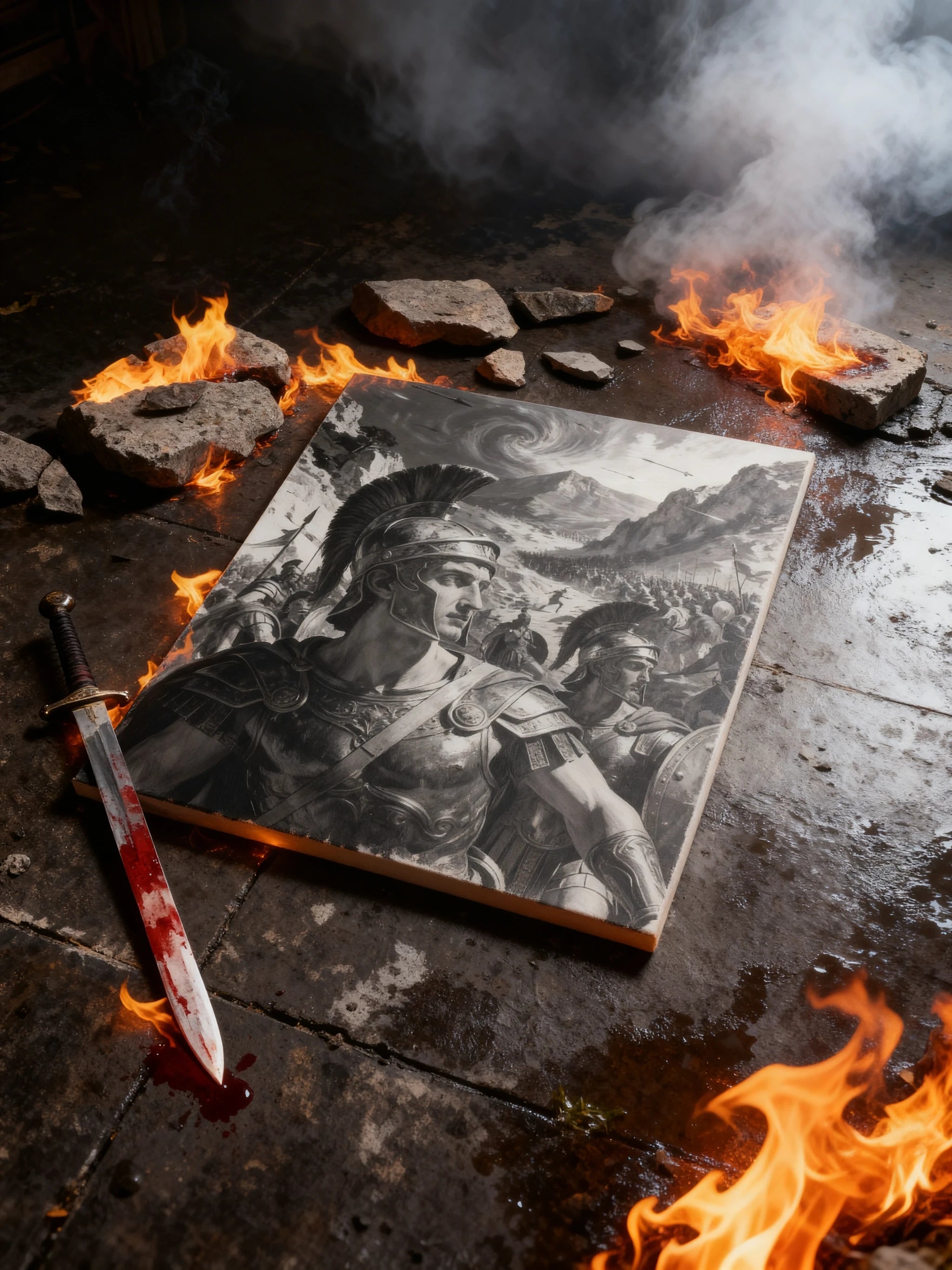 Spartan battle scene canvas with fire – ancient greek warrior wall art on Warface Athletics display, man cave decor.