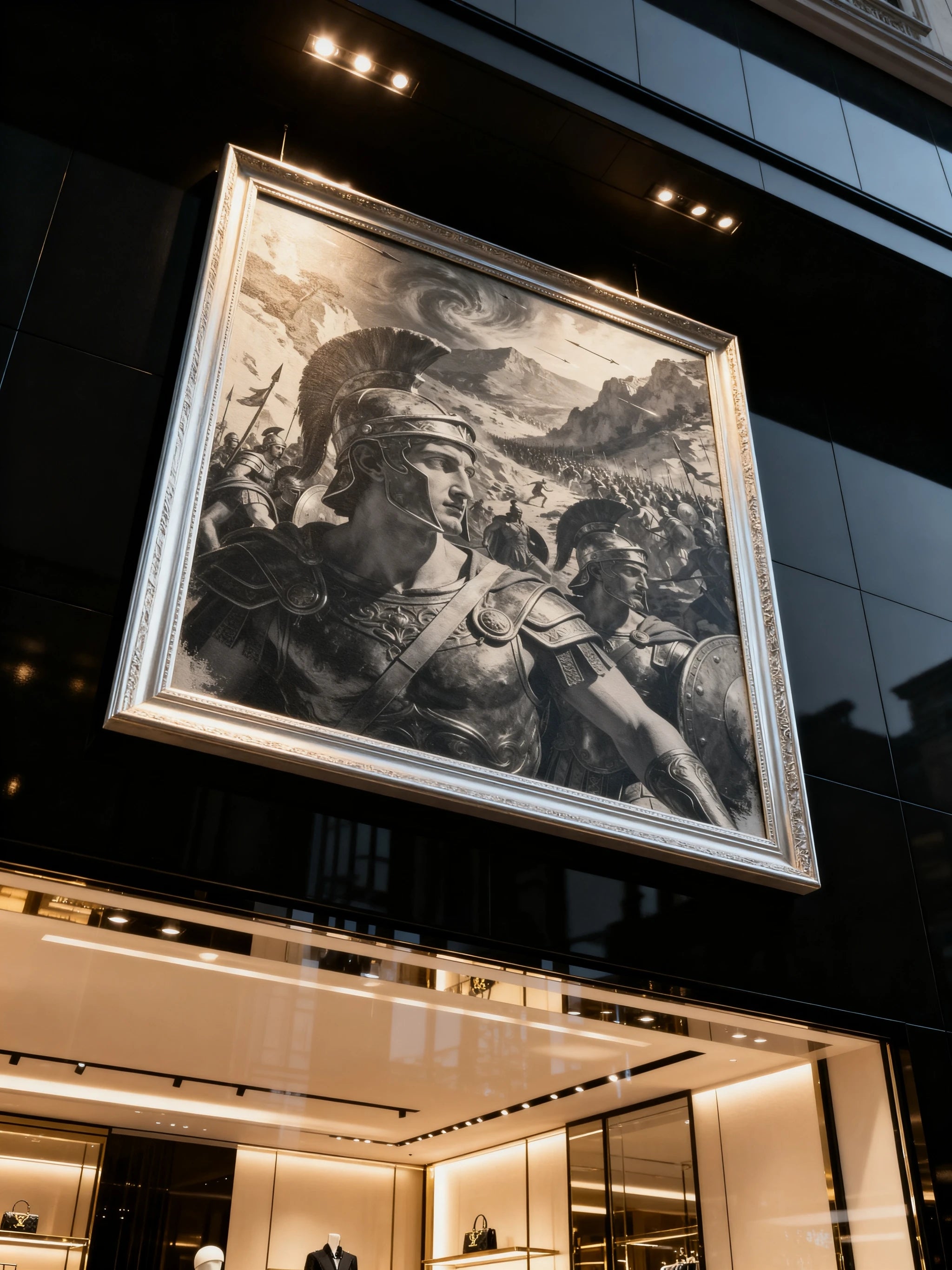 Spartan phalanx canvas art angled in luxury interior – ancient greek warrior print, gallery wrapped canvas. Warface Athletics.