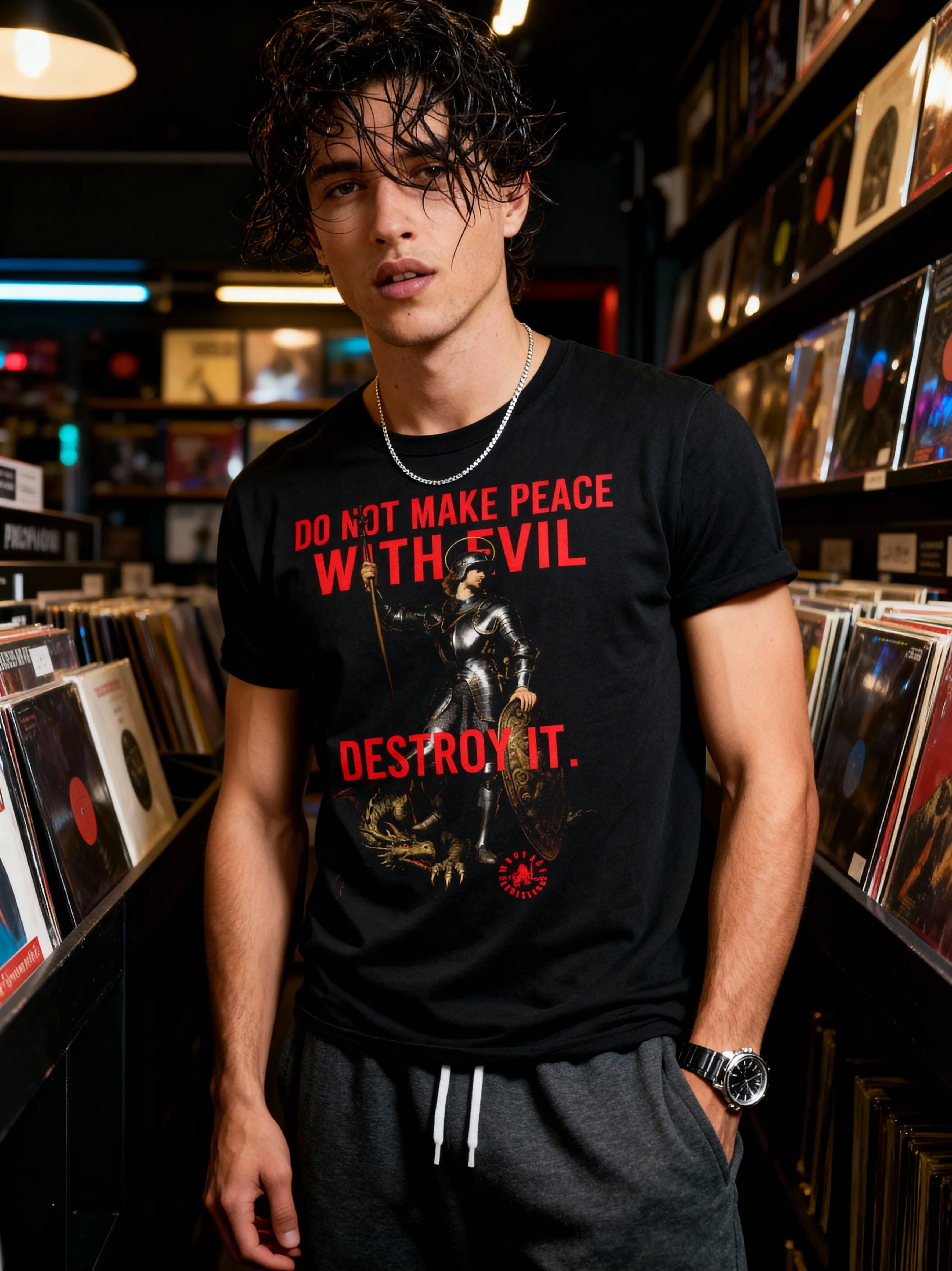 Men's St. George dragon slayer gym shirt – model wearing Do Not Make Peace With Evil tee in record store.