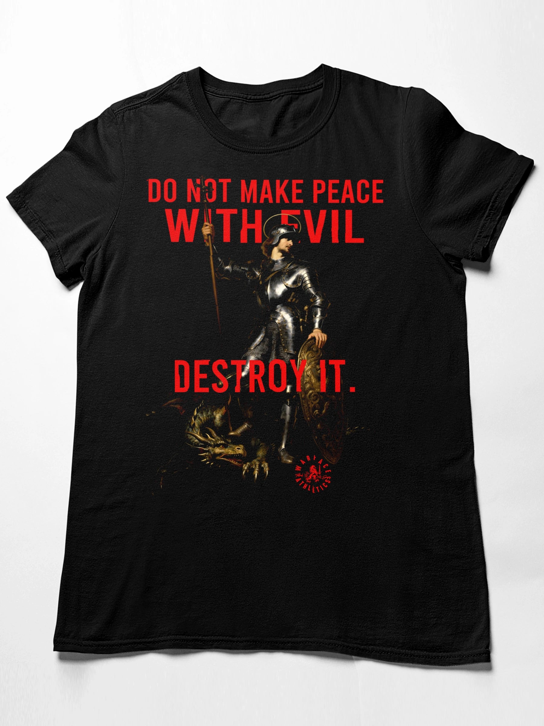 Do Not Make Peace With Evil Destroy It flat lay – men's black St. George heavyweight gym shirt, Comfort Colors 1717.