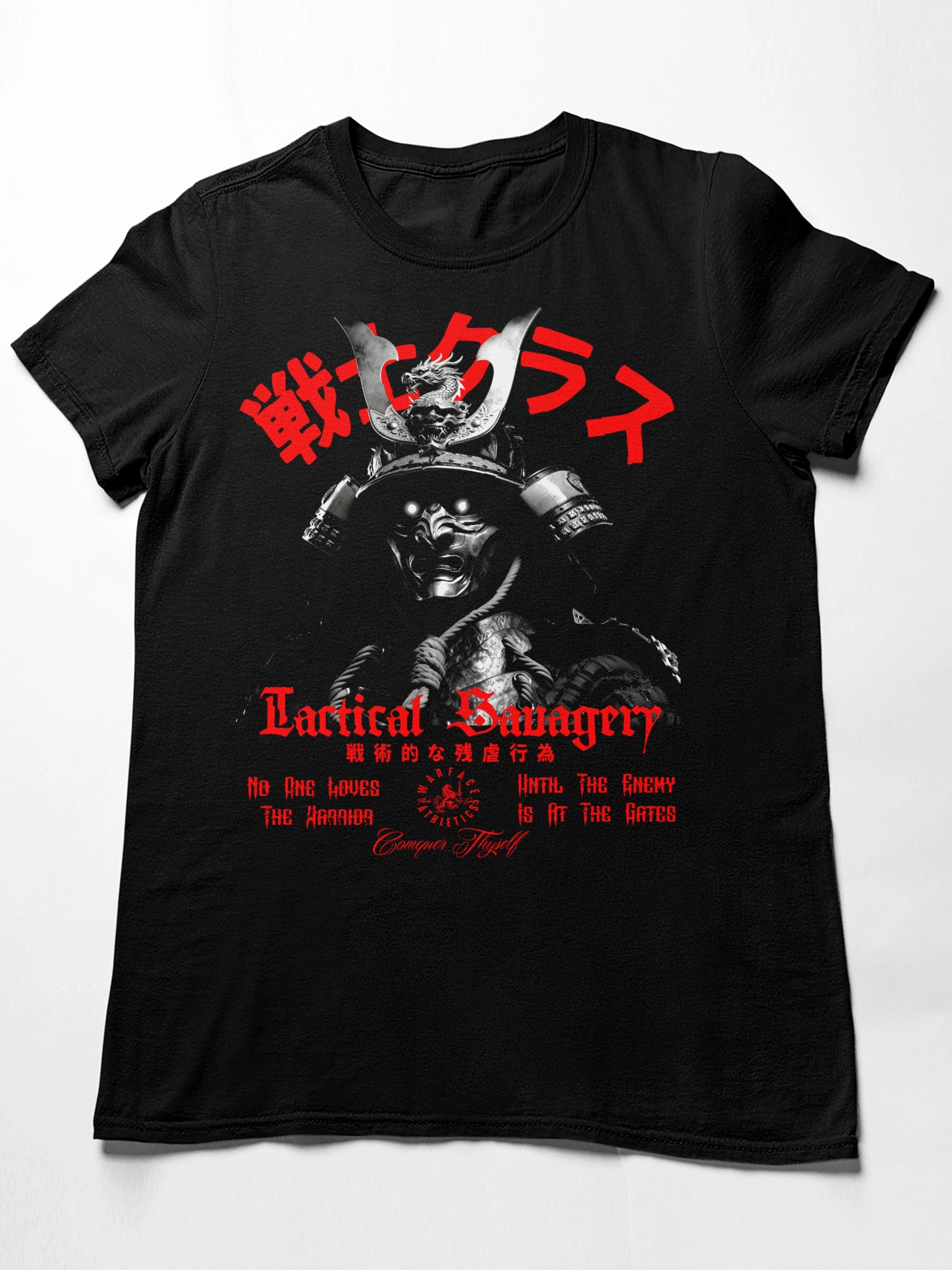Tactical Savagery samurai heavyweight tee front flat lay – men's black japanese warrior gym shirt, Comfort Colors 1717.