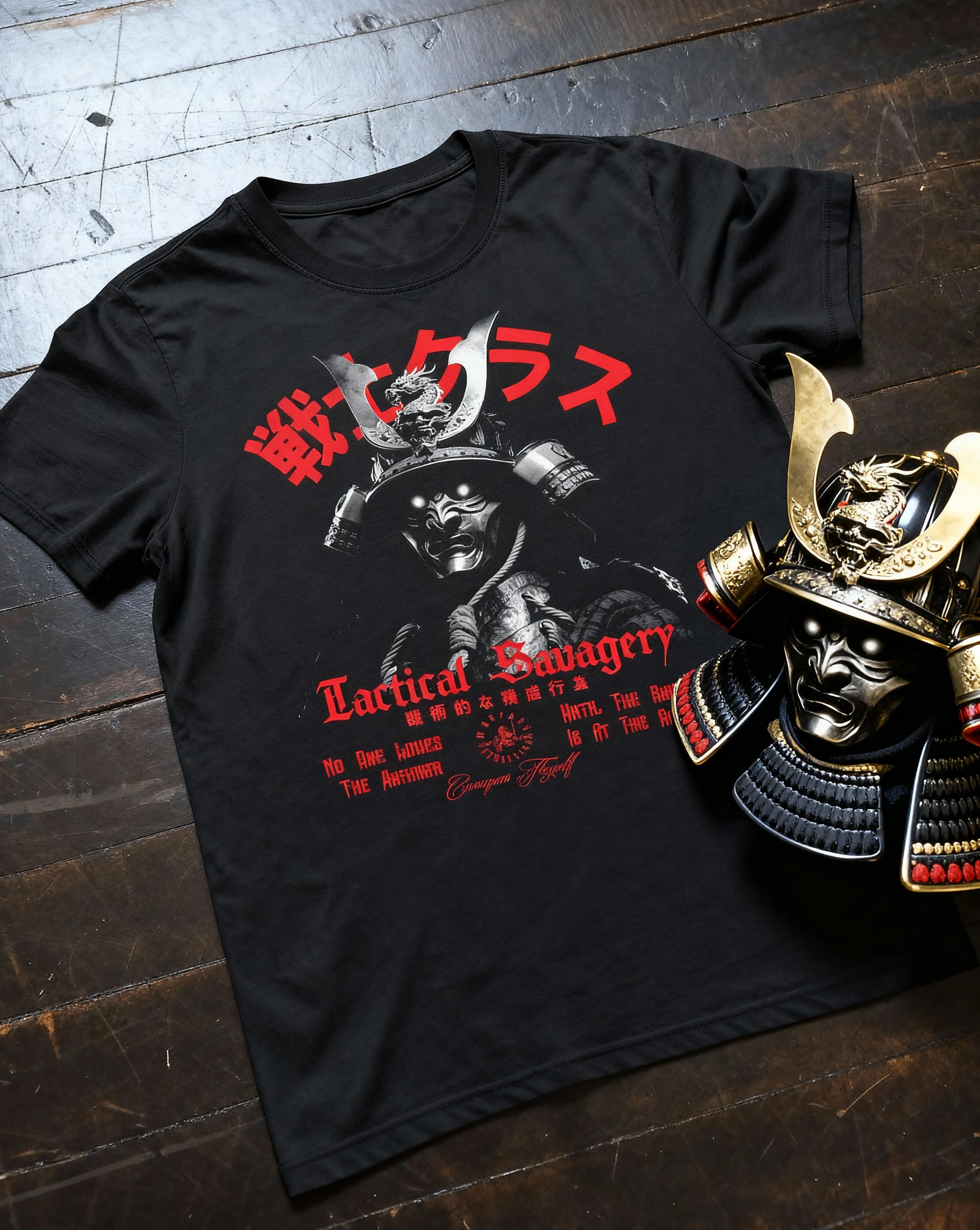 Tactical Savagery samurai heavyweight gym shirt flat lay – men's japanese warrior graphic tee, Comfort Colors 1717.