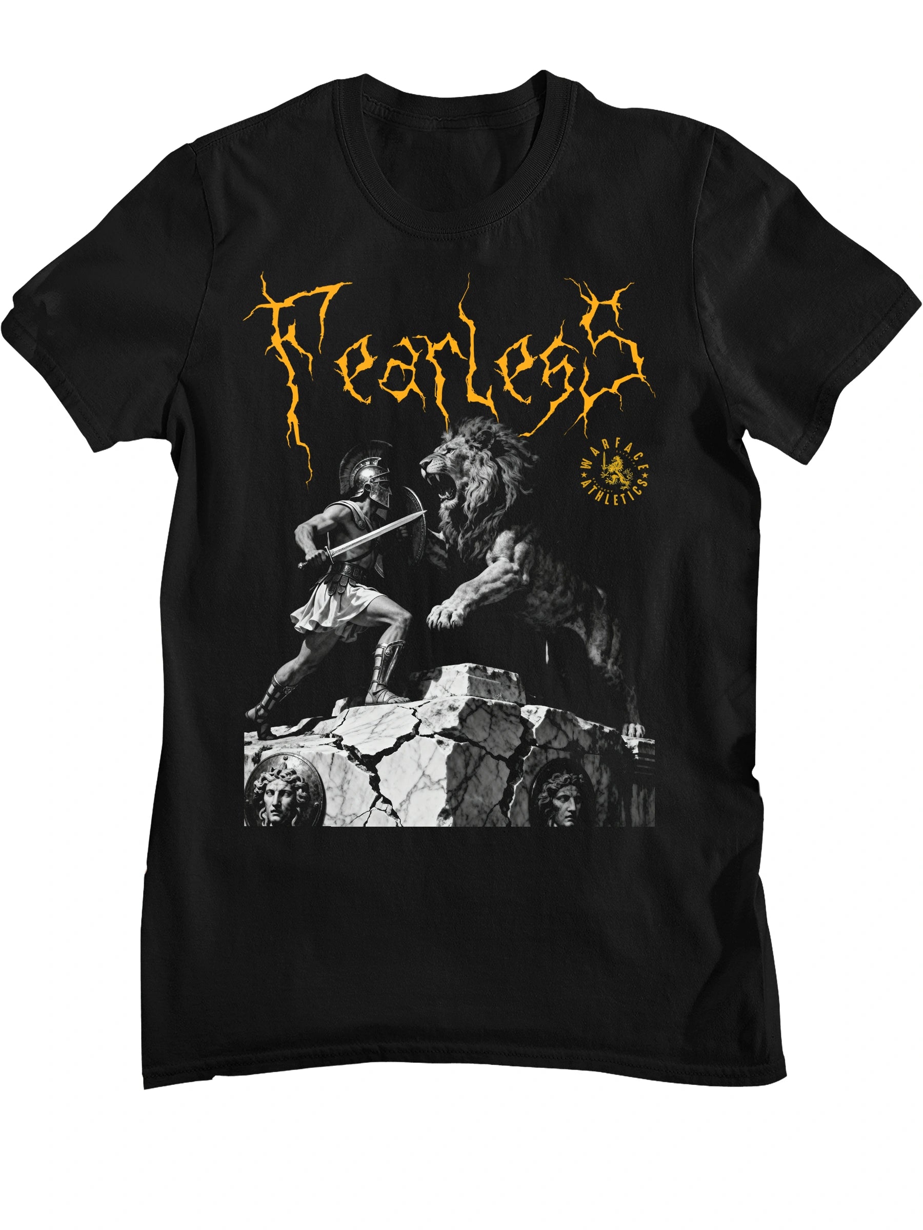 Fearless Spartan vs lion gym shirt front flat lay – men's black warrior graphic tee, Bella+Canvas 3001. Warface Athletics.