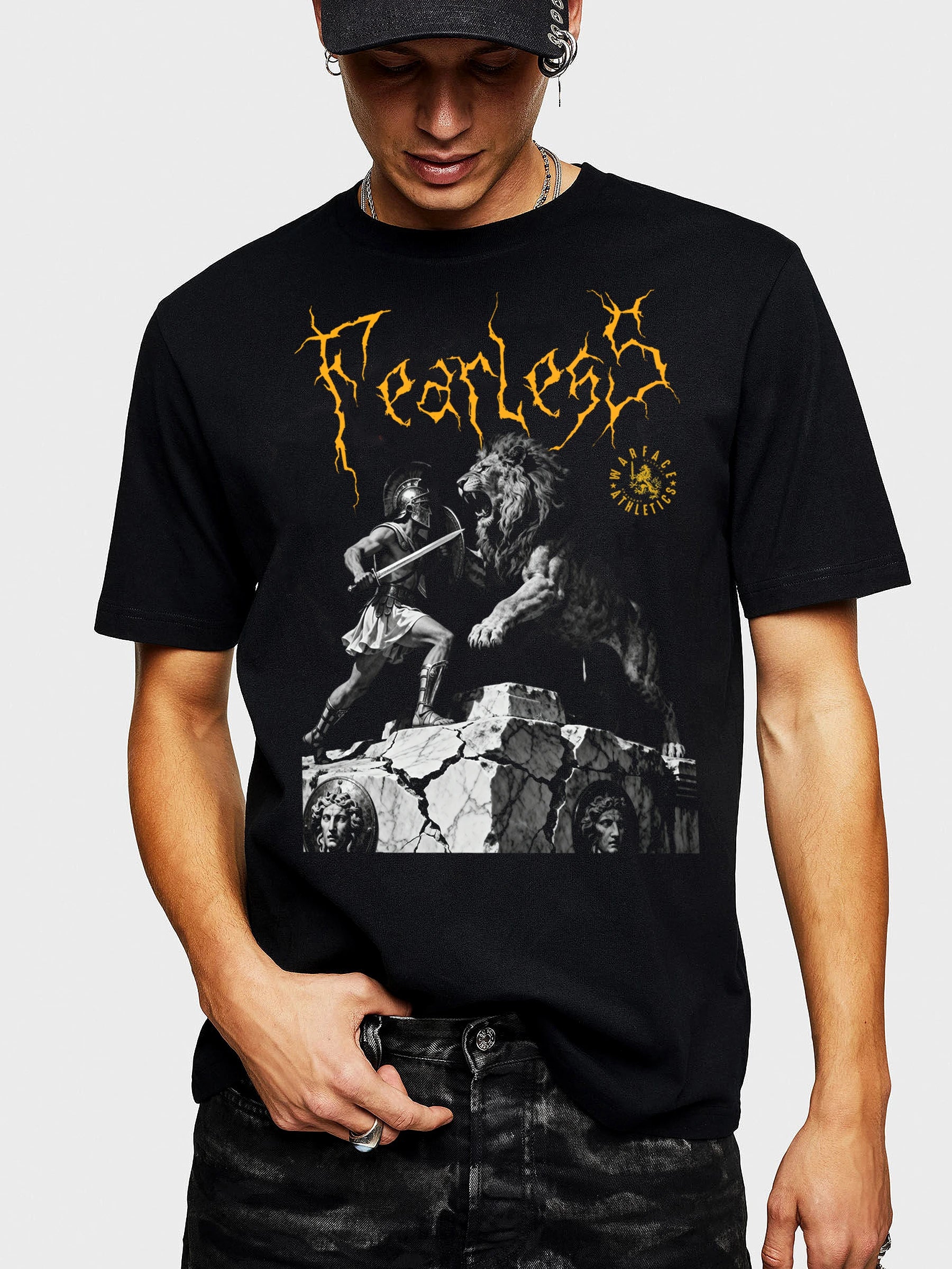 Men's Fearless Spartan vs lion gym shirt – streetwear model in warrior graphic tee, streetwear lifestyle shot. Warface Athletics.