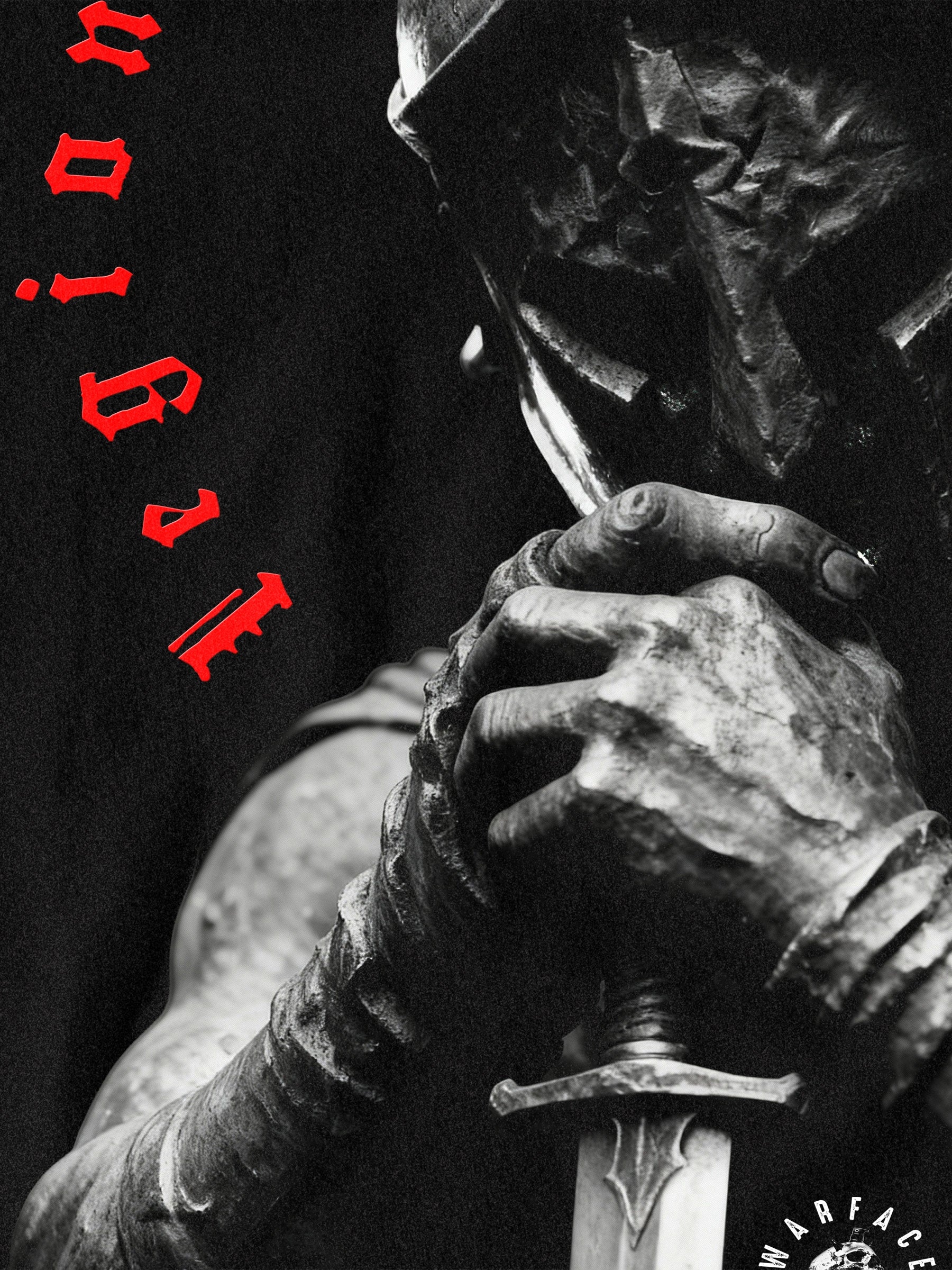 Legion For We Are Many graphic tee design – warrior with sword, red gothic arched text, men's gym shirt detail.