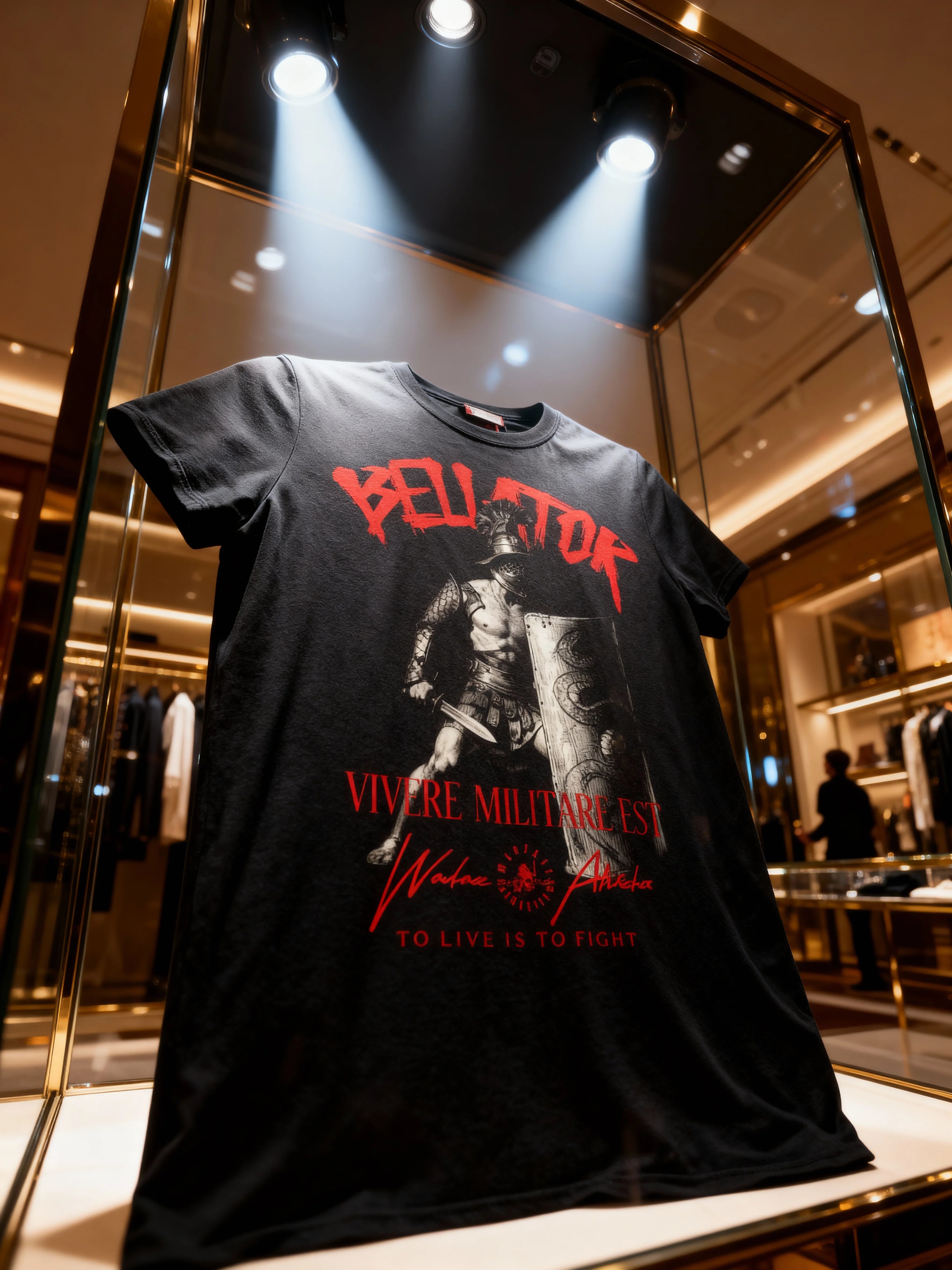 Roman gladiator graphic tee in display case – men's heavyweight gym shirt back print, Comfort Colors 1717.