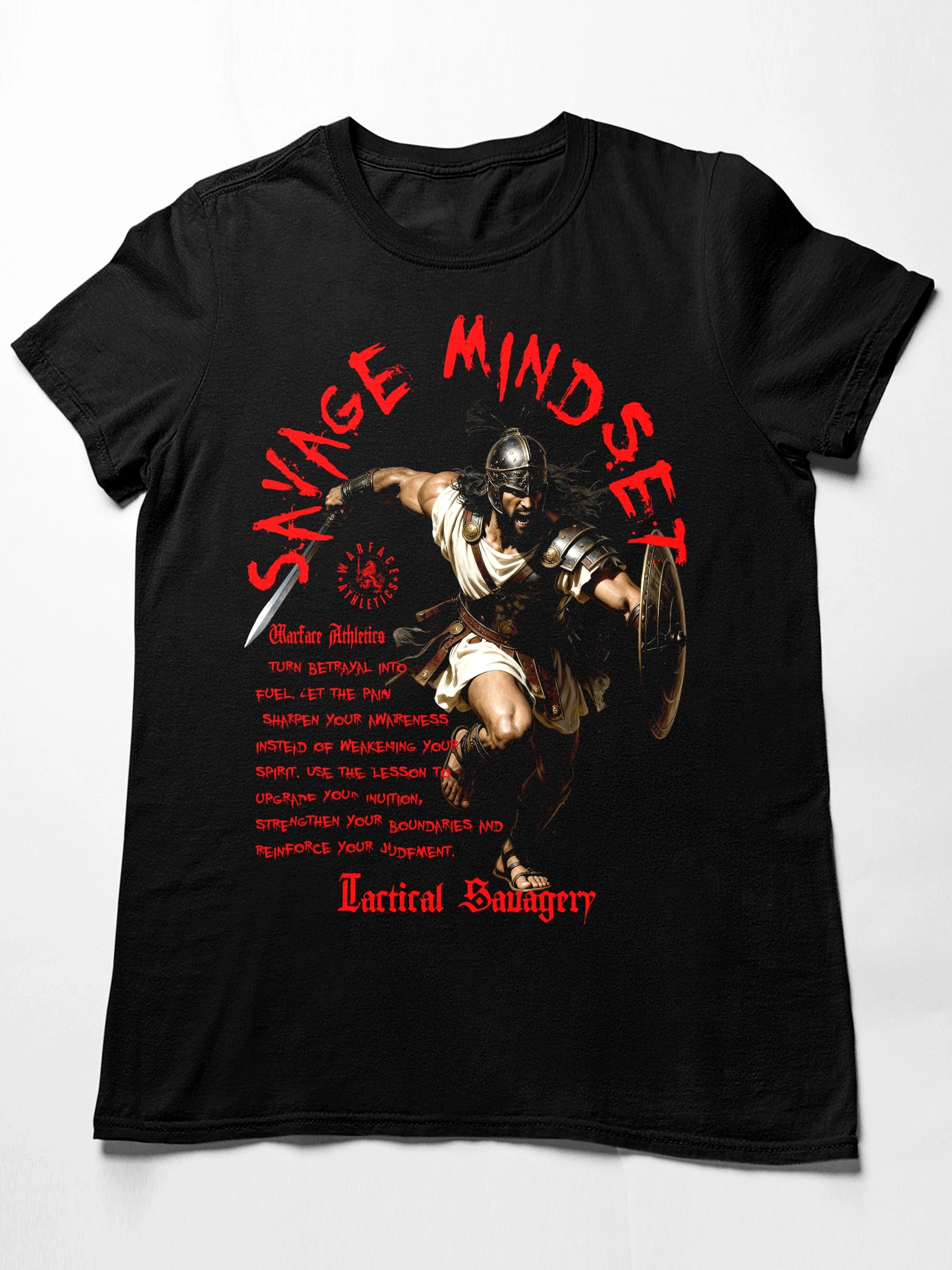 Savage Mindset Graphic Tee Front View — Men's Spartan T-Shirt with Stoic Warrior Quote by Warface Athletics