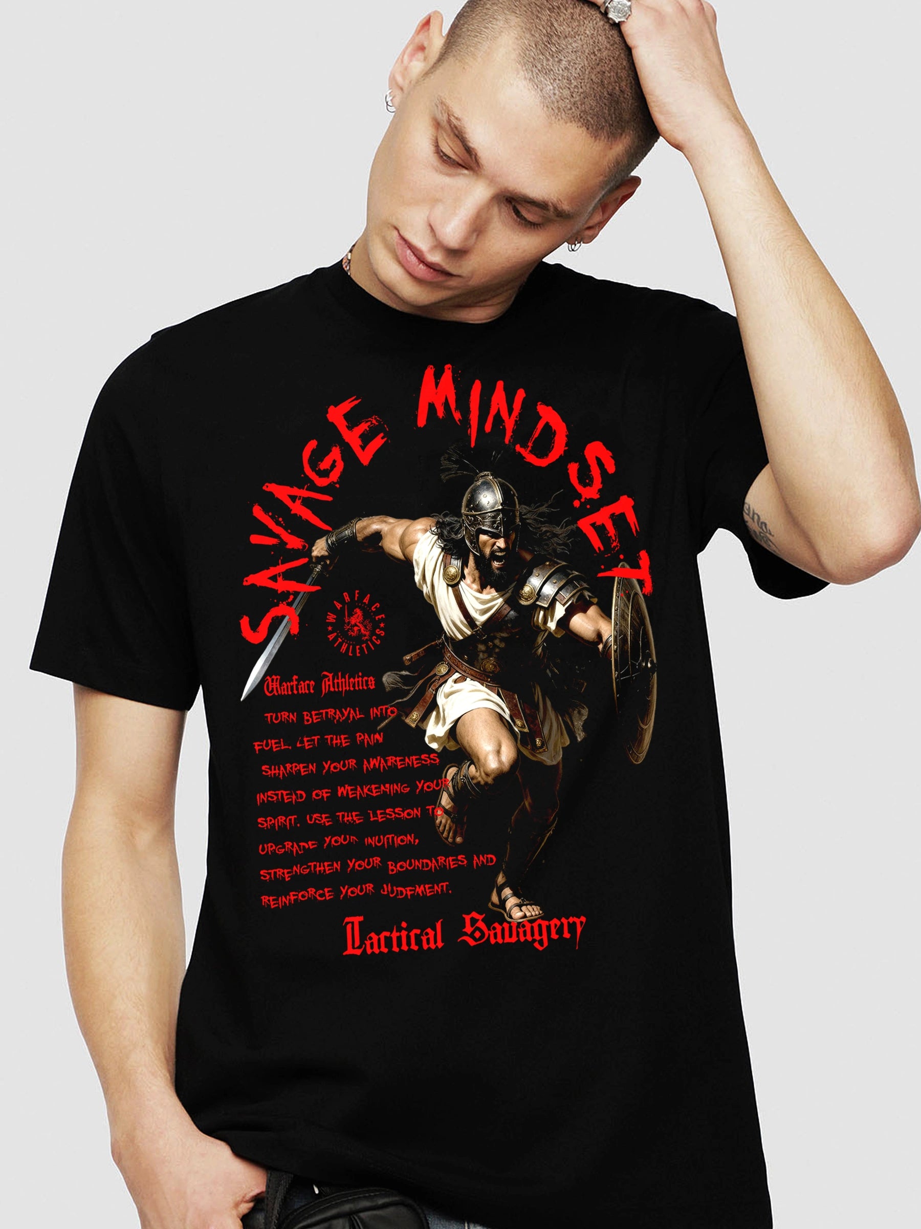 Savage Mindset Graphic Tee Back View — Men's Stoicism T-Shirt with Spartan Helmet Warrior Print by Warface Athletics