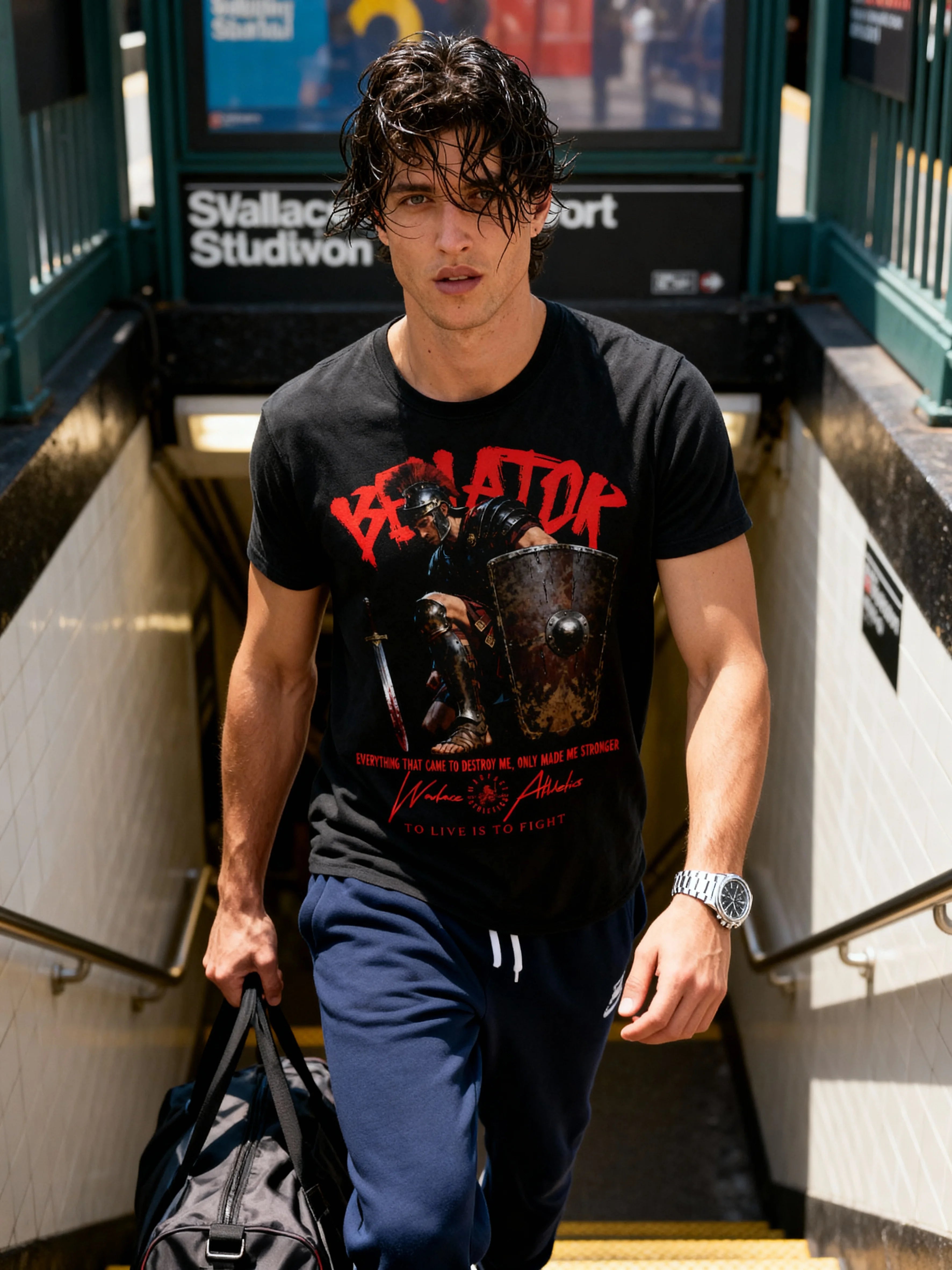 Workout shirts for men – model in Venator gladiator gym tee on urban staircase moody shot – Warface Athletics