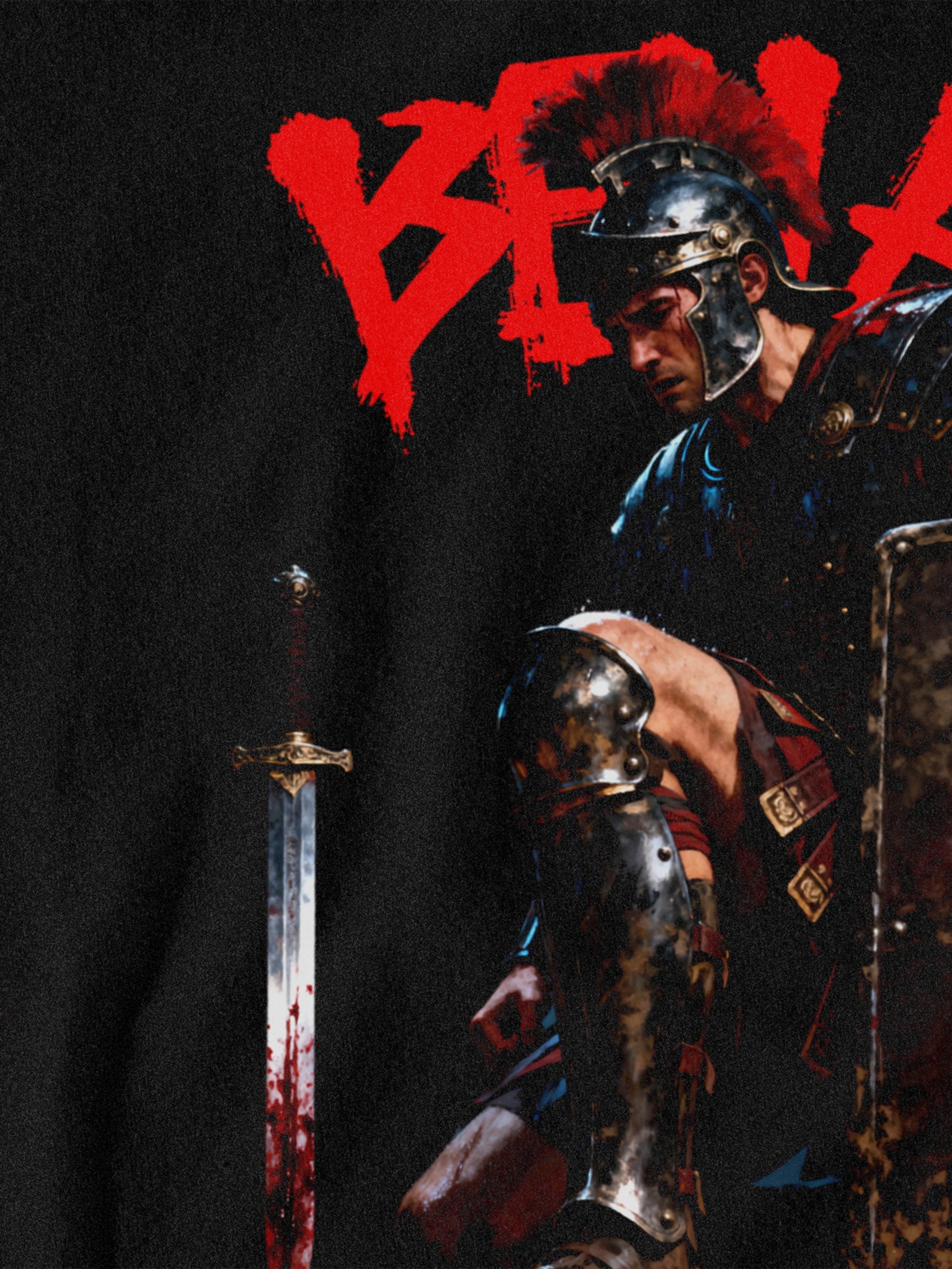 Mens graphic tee – Venator gladiator warrior gym tee side profile dark background display – Warface Athletics