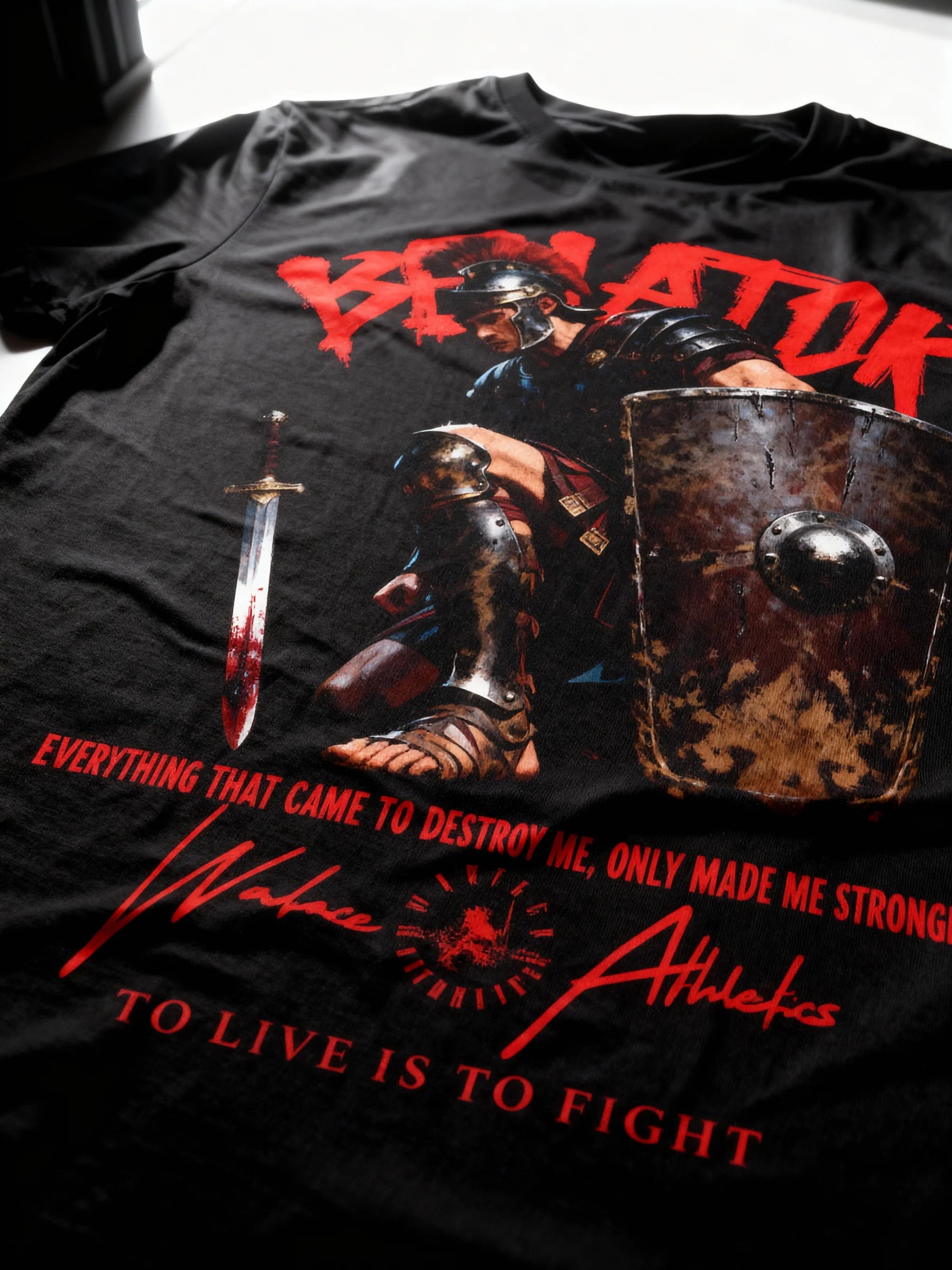 Graphic tees – Venator gladiator warrior tee under stage spotlight, red gothic text print – Warface Athletics