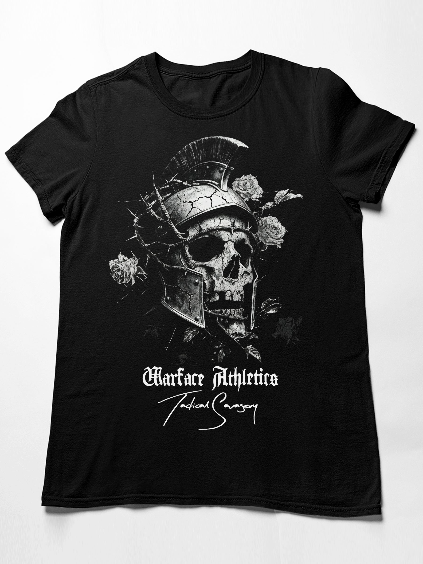 Spartan skull and helmet Graphic Tee Front View — Men's Spartan Warrior T-Shirt with Stoic Quote by Warface Athletics